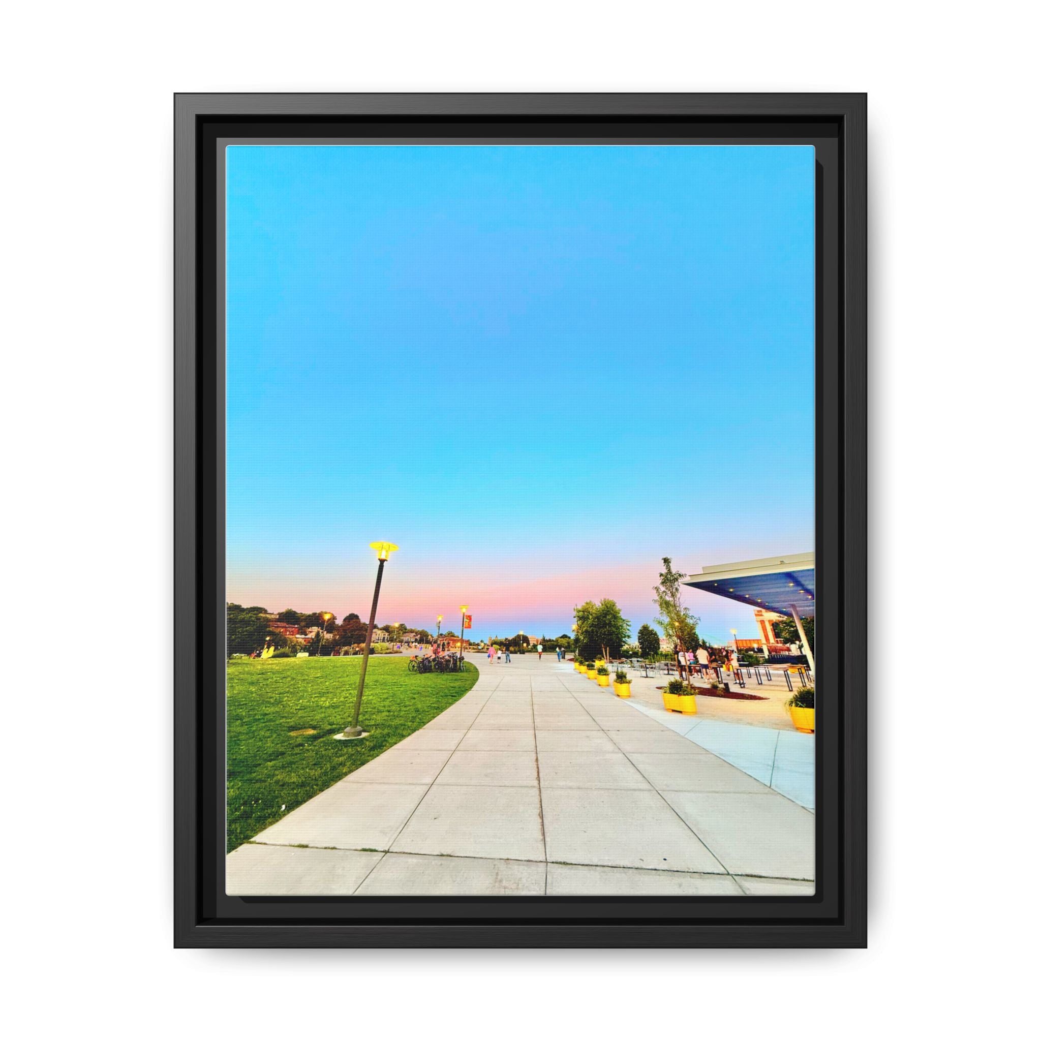 Sunset Promenade Matte Framed Canvas — Pastel Sky Walkway Wall Art