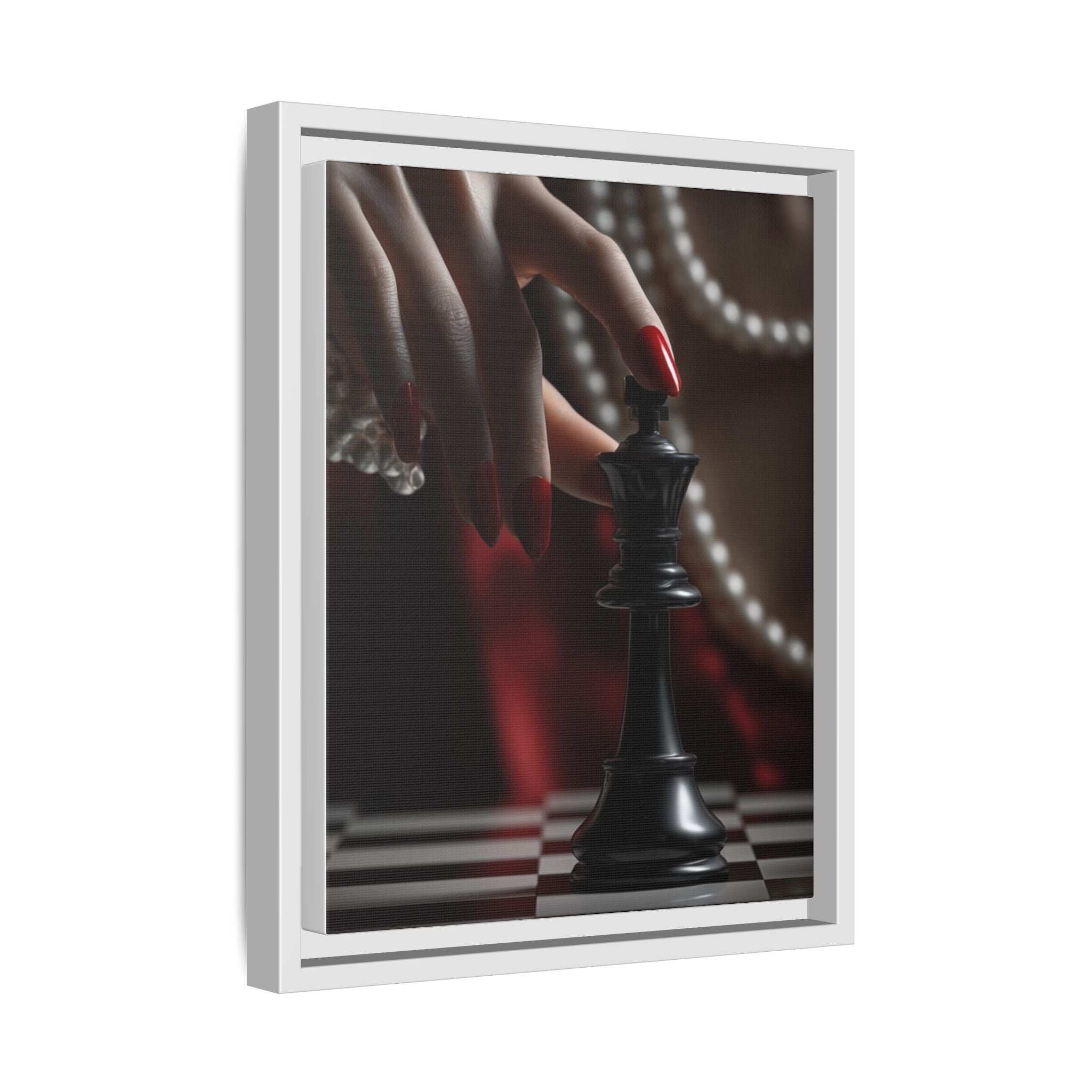 Framed Matte Canvas Art — Femme Hand & Chess King (Pearls, Noir Glam)