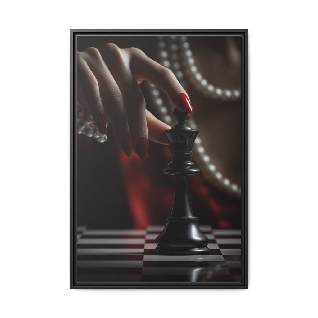 Framed Matte Canvas Art — Femme Hand & Chess King (Pearls, Noir Glam)