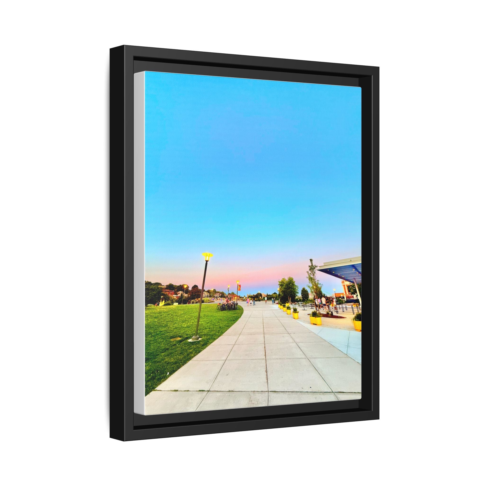 Sunset Promenade Matte Framed Canvas — Pastel Sky Walkway Wall Art