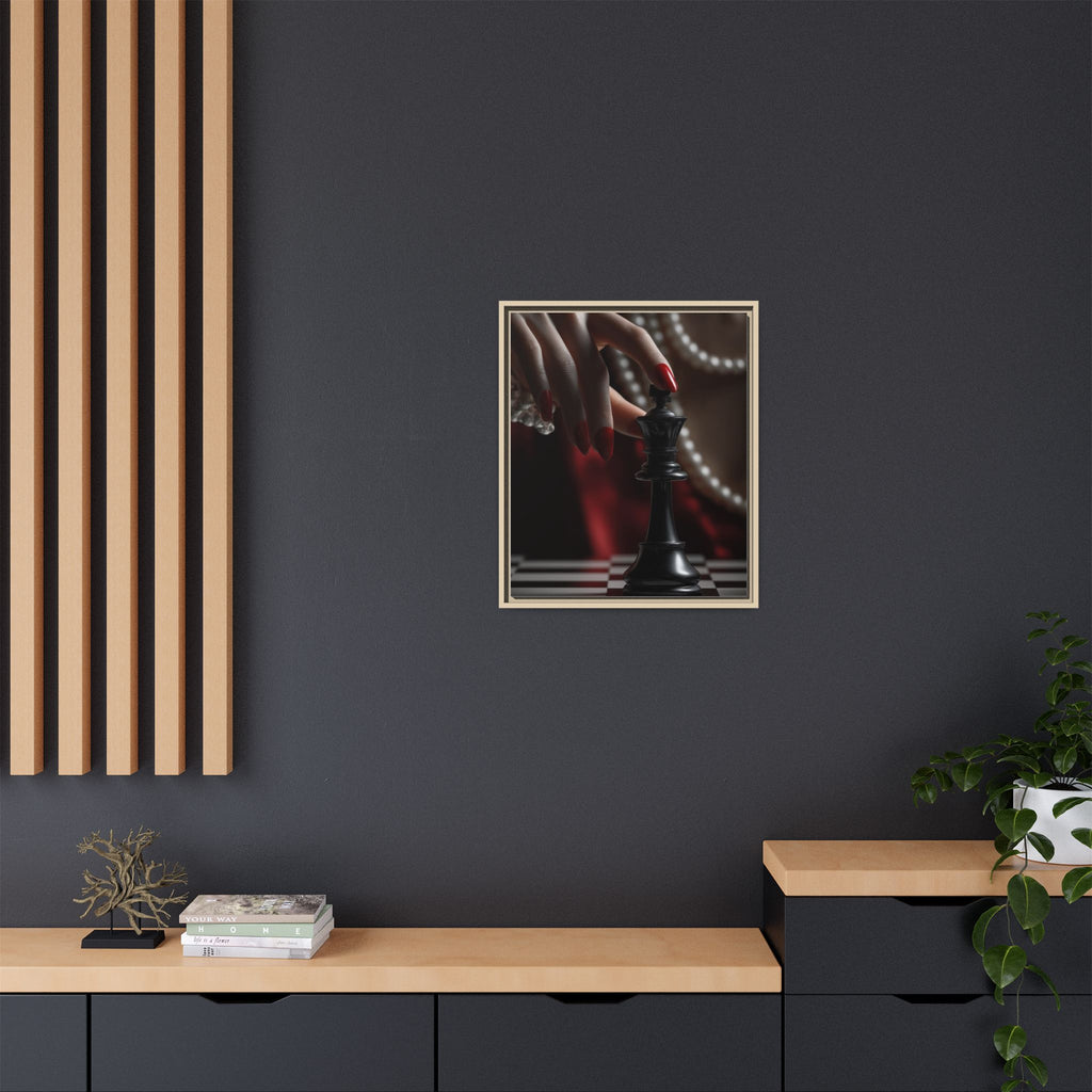 Framed Matte Canvas Art — Femme Hand & Chess King (Pearls, Noir Glam)