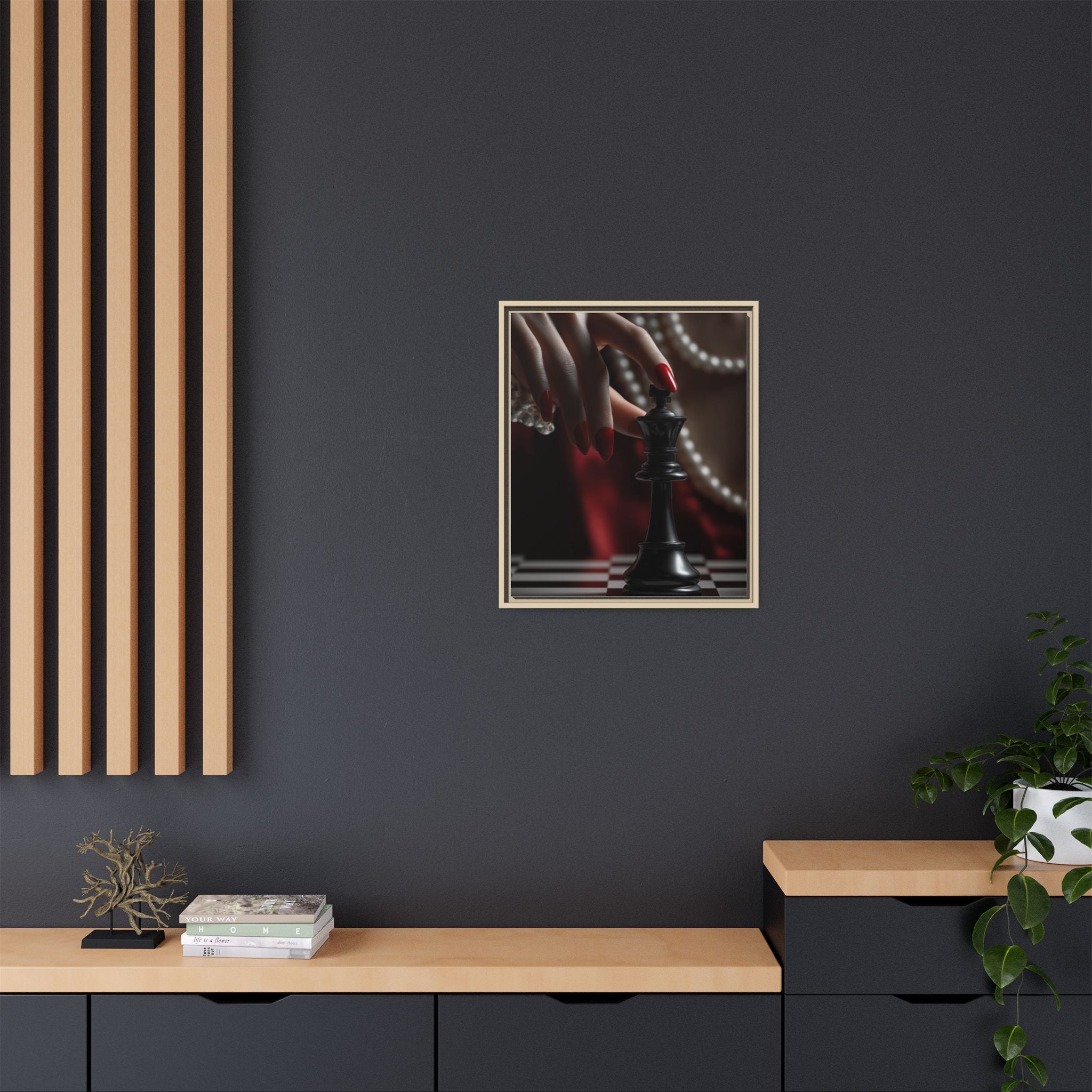 Framed Matte Canvas Art — Femme Hand & Chess King (Pearls, Noir Glam)