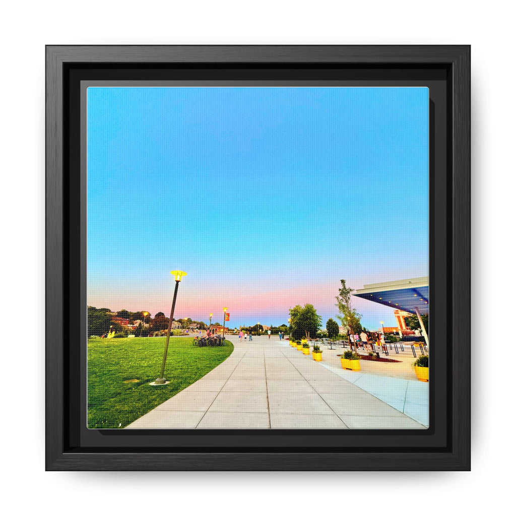 Sunset Promenade Matte Framed Canvas — Pastel Sky Walkway Wall Art