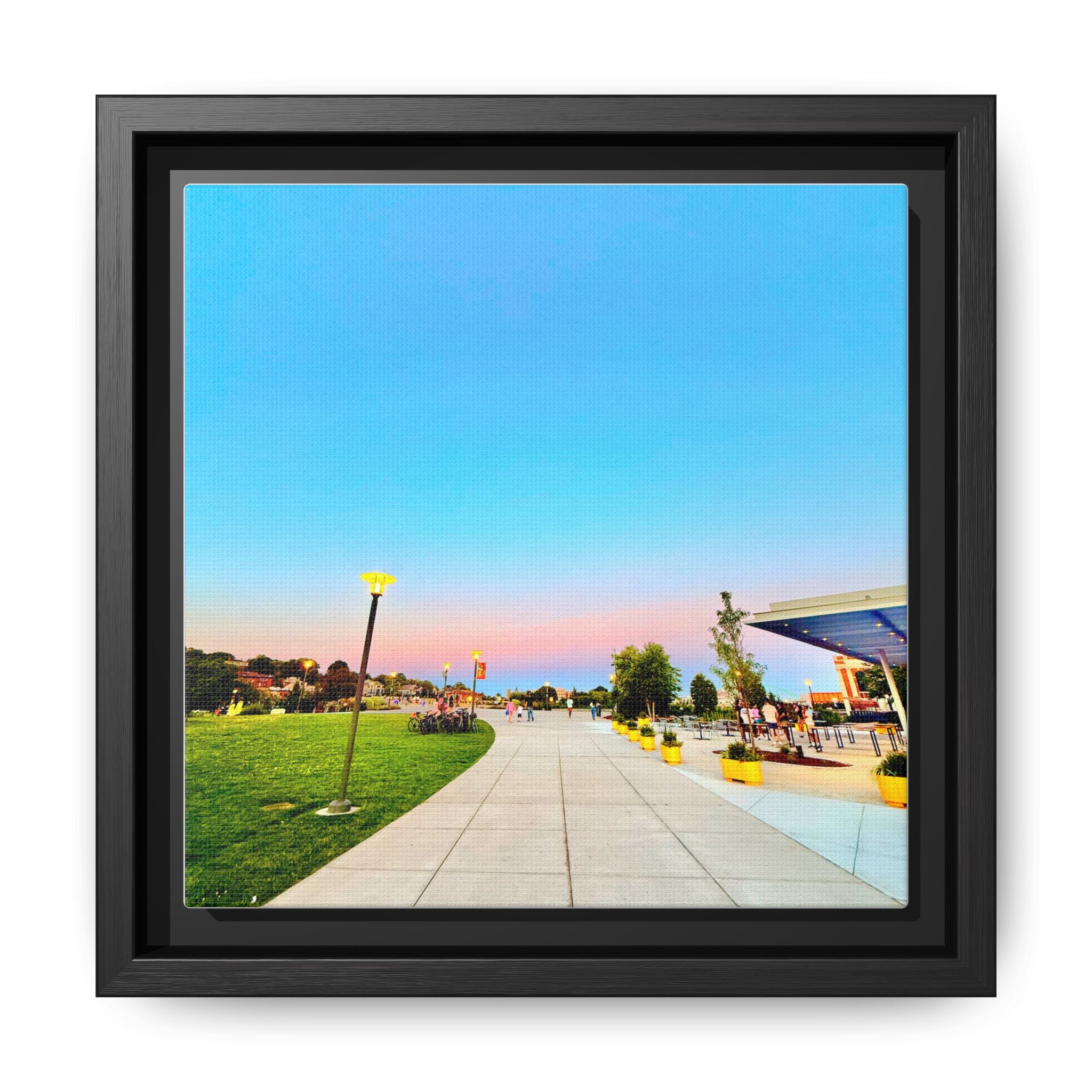 Sunset Promenade Matte Framed Canvas — Pastel Sky Walkway Wall Art