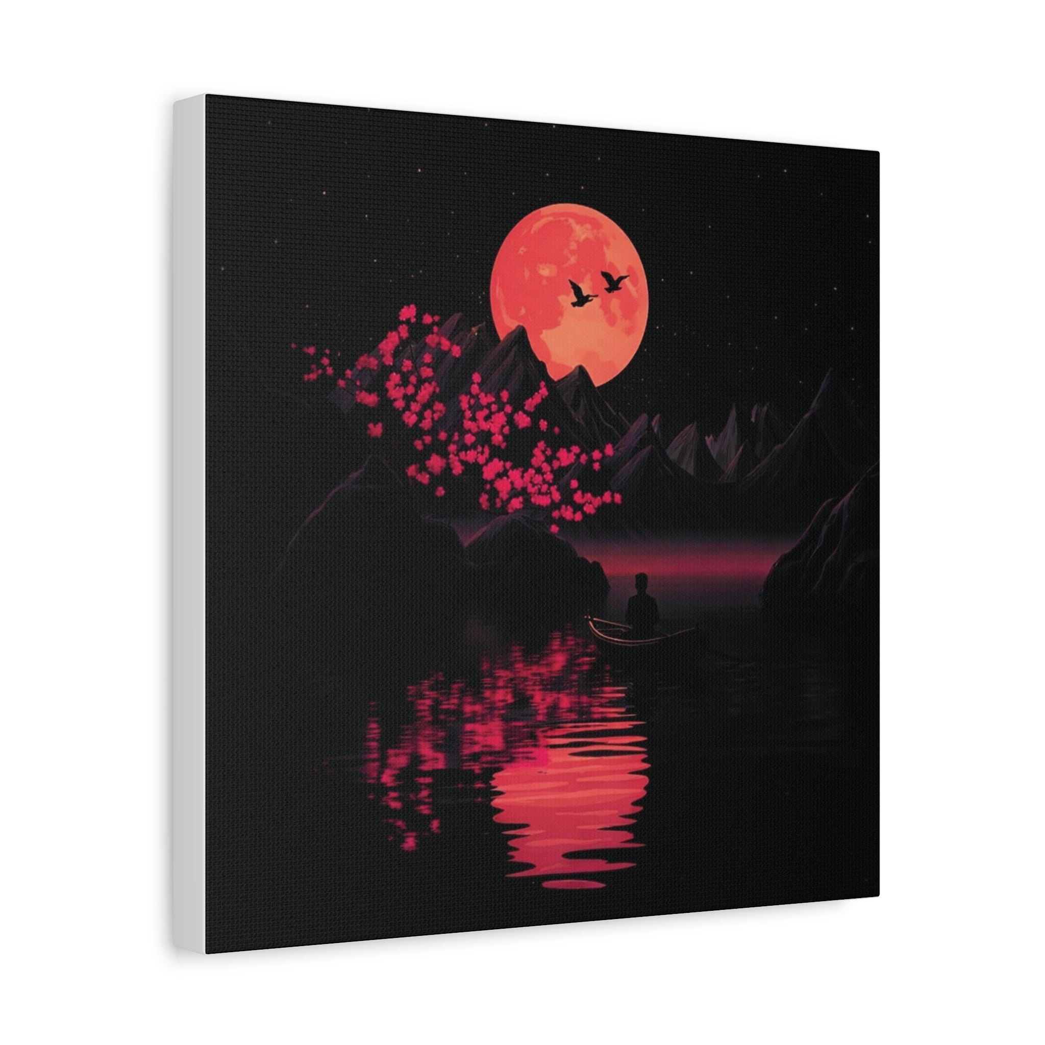 Moonlit Sakura Canvas Wall Art — Red Moon Reflection Matte Stretched Print