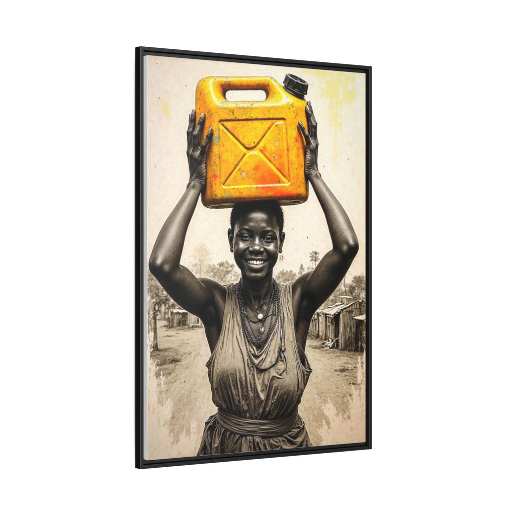 Framed Canvas Art - Joyful Woman Carrying Yellow Water Jerrycan