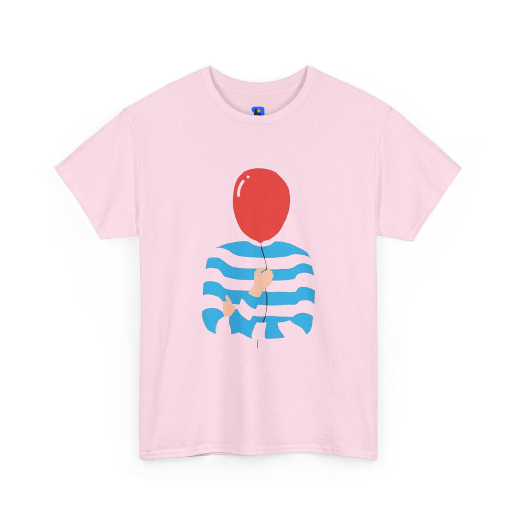 Striped Sweater Balloon Tee — Minimalist Red Balloon Graphic T-Shirt