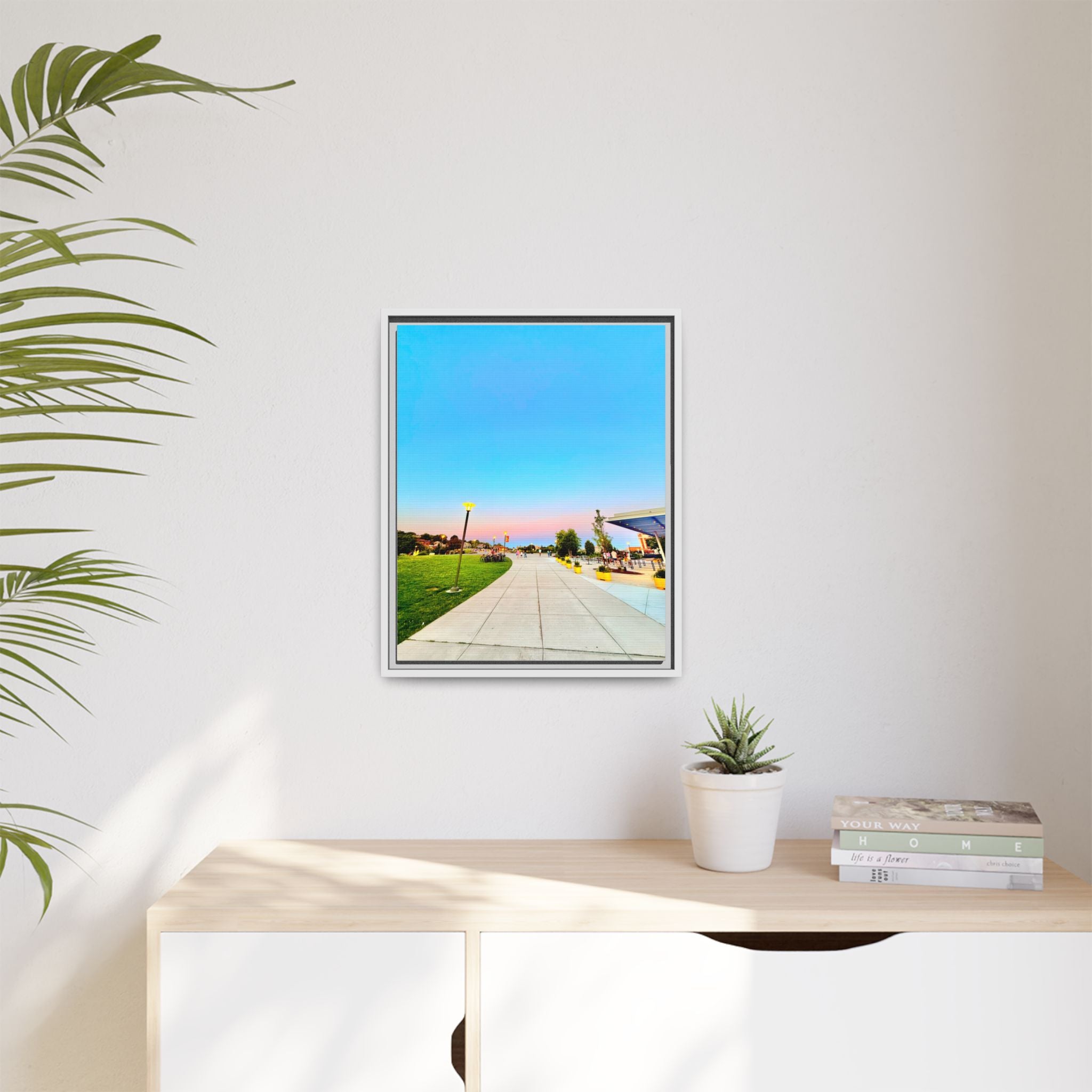 Sunset Promenade Matte Framed Canvas — Pastel Sky Walkway Wall Art