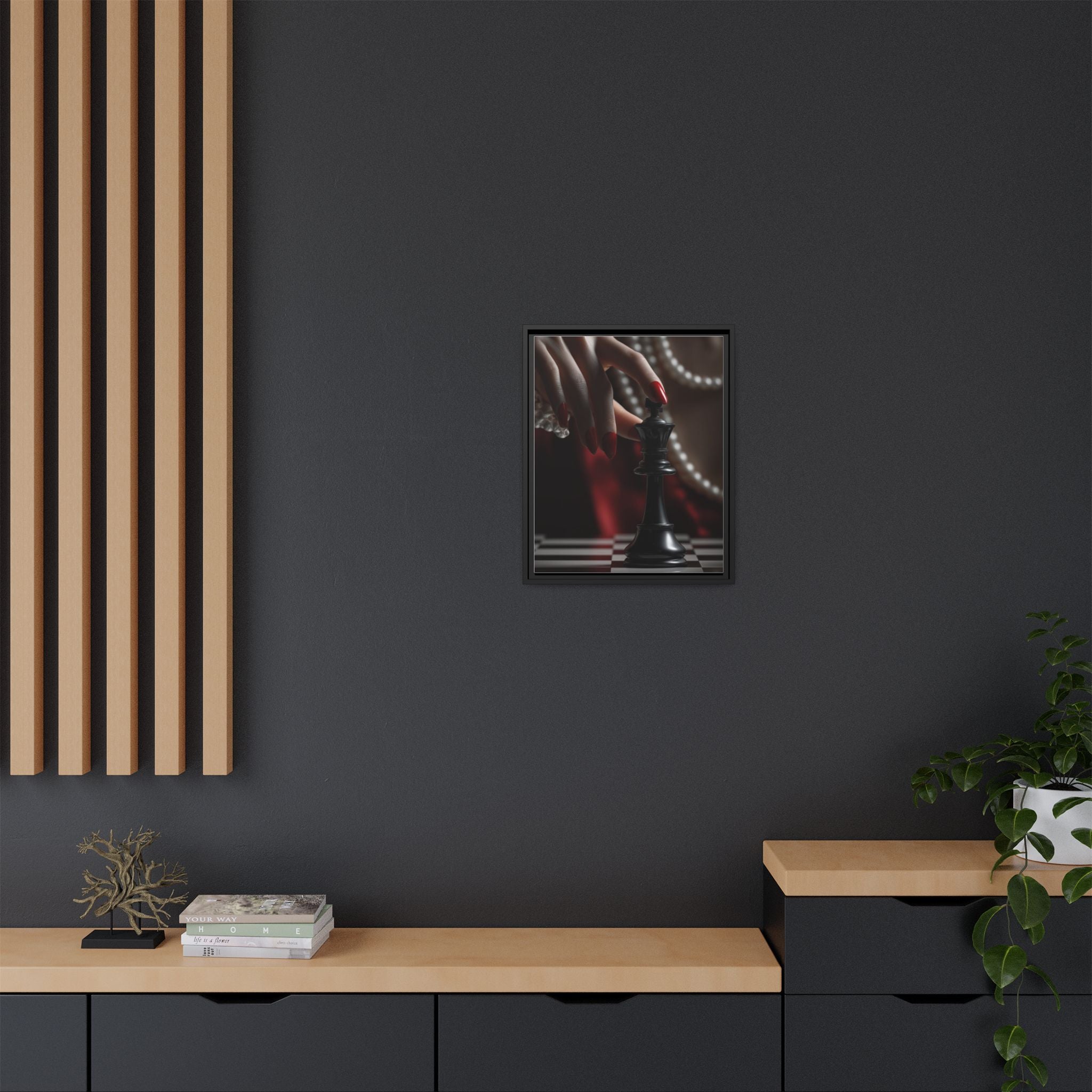 Framed Matte Canvas Art — Femme Hand & Chess King (Pearls, Noir Glam)