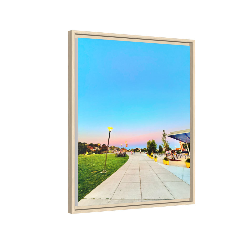 Sunset Promenade Matte Framed Canvas — Pastel Sky Walkway Wall Art