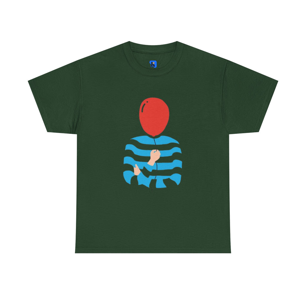 Striped Sweater Balloon Tee — Minimalist Red Balloon Graphic T-Shirt