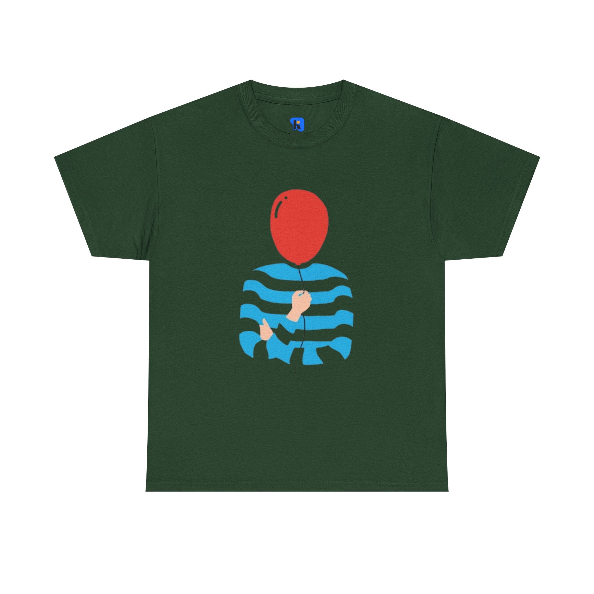 Striped Sweater Balloon Tee — Minimalist Red Balloon Graphic T-Shirt