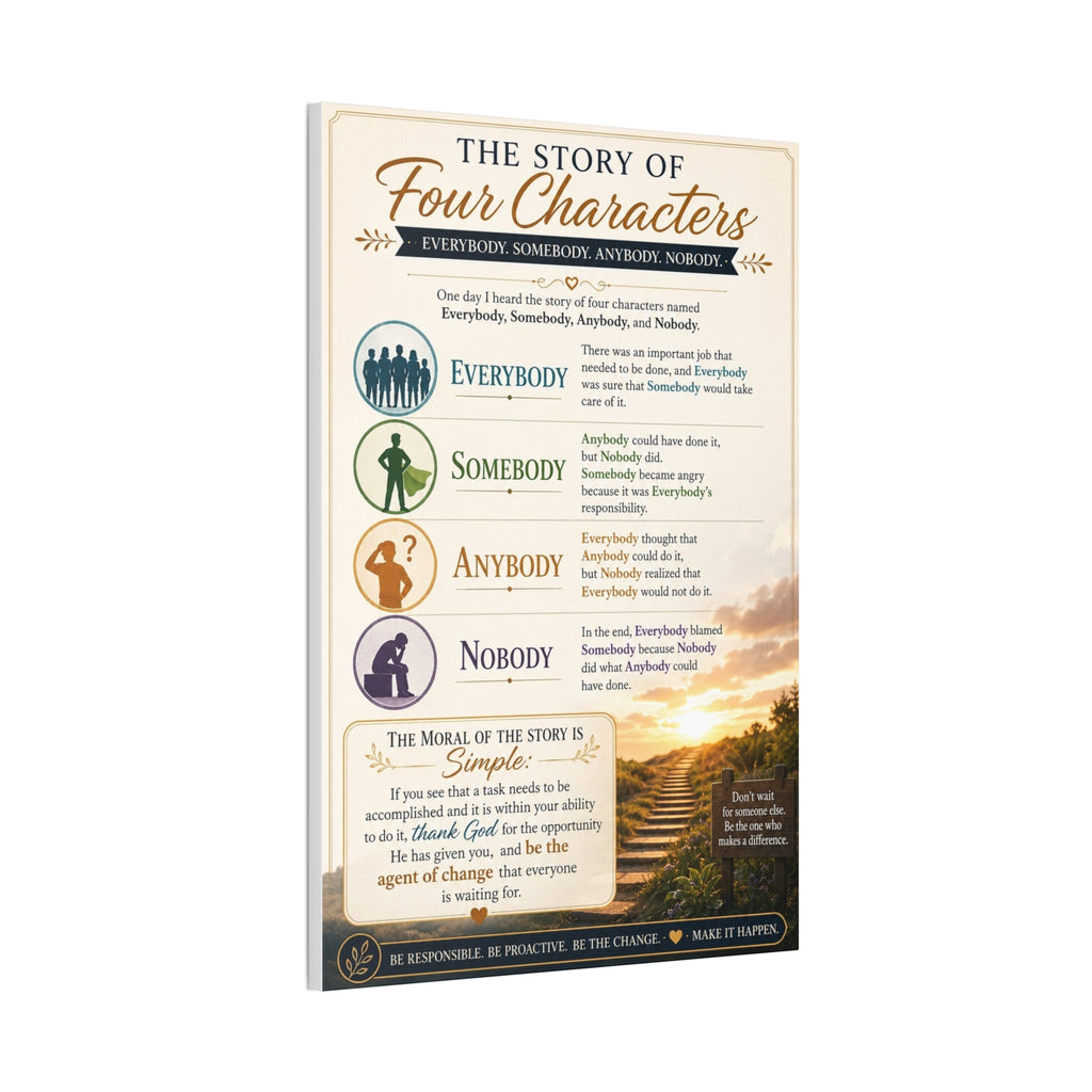 The Story of Four Characters Canvas Wall Art — Inspirational Everybody Somebody Anybody Nobody Print