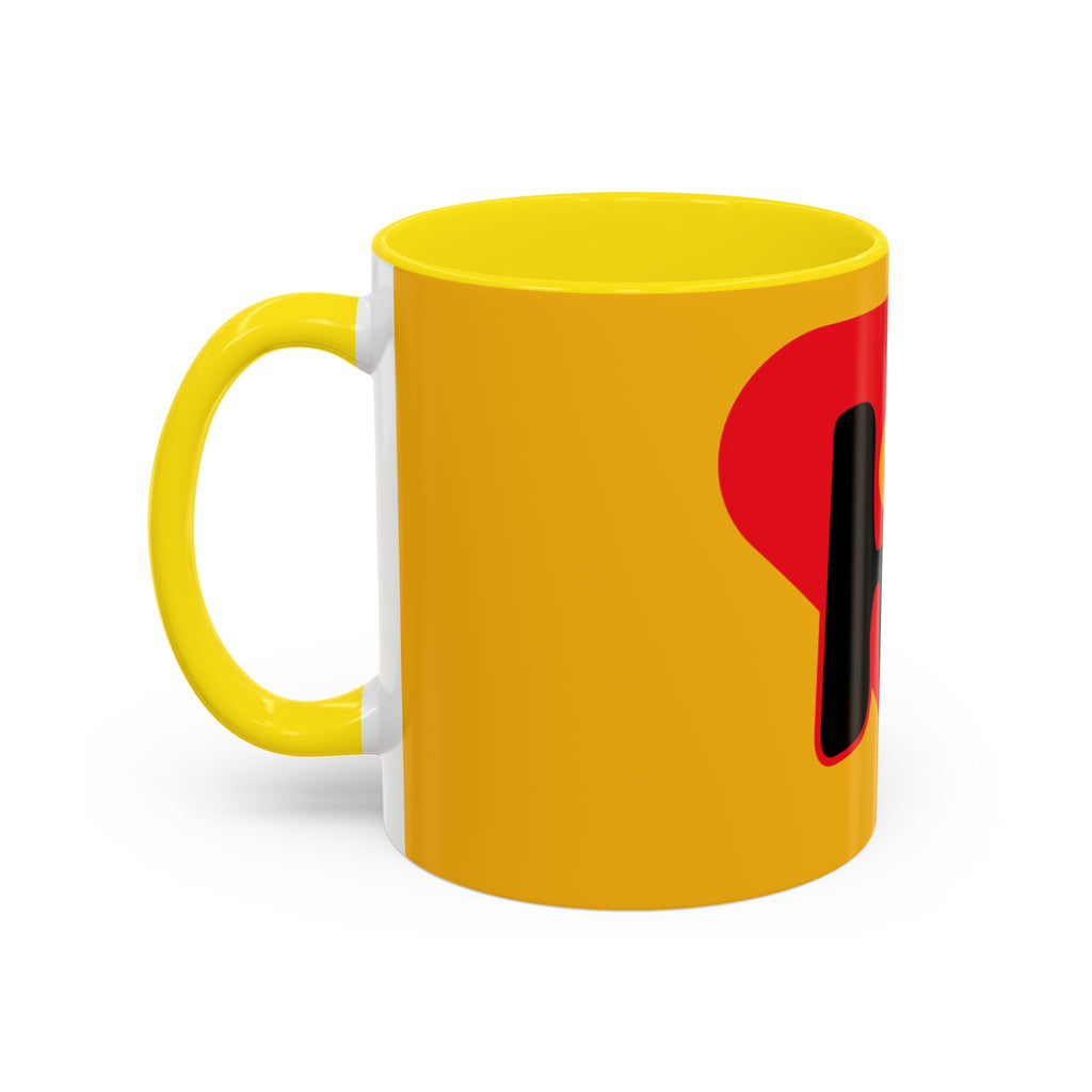 Retro Bold 'k' Accent Coffee Mug — Yellow & Red Graphic Ceramic