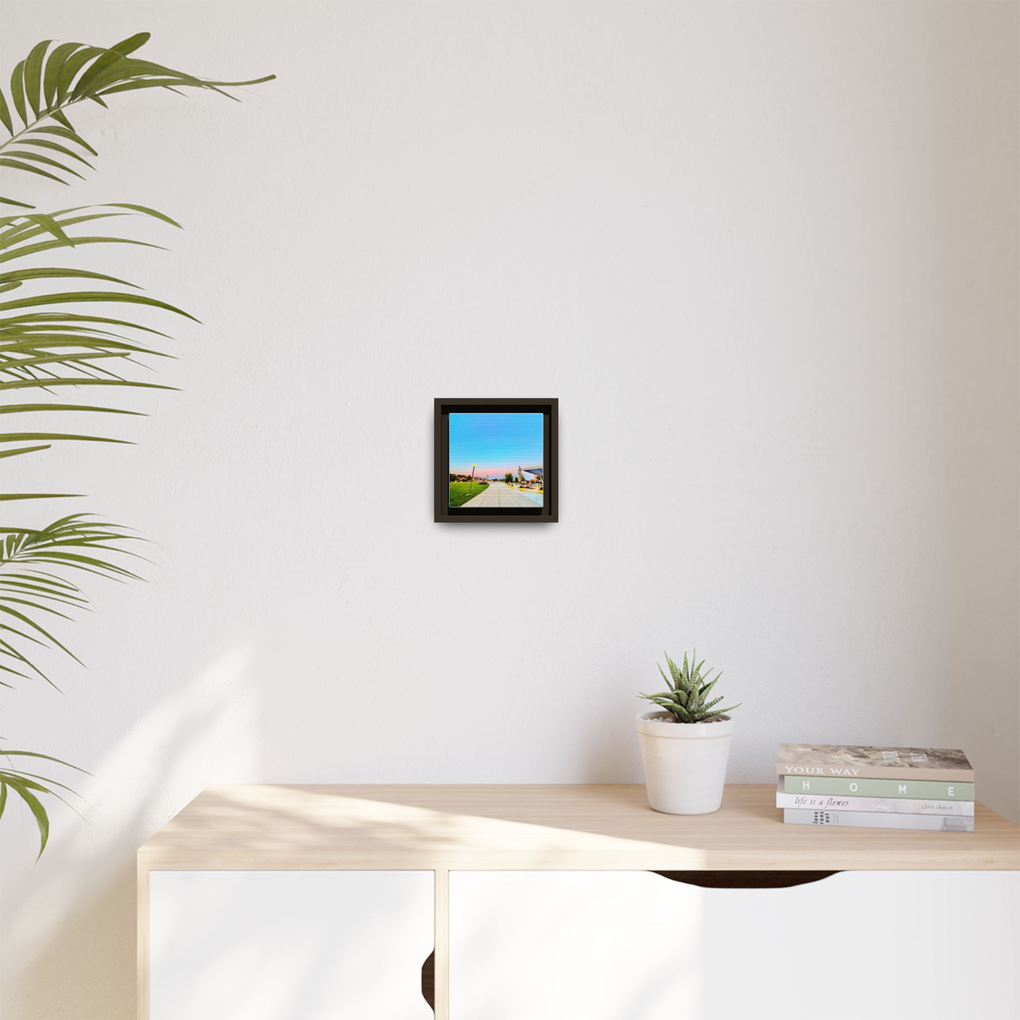 Sunset Promenade Matte Framed Canvas — Pastel Sky Walkway Wall Art
