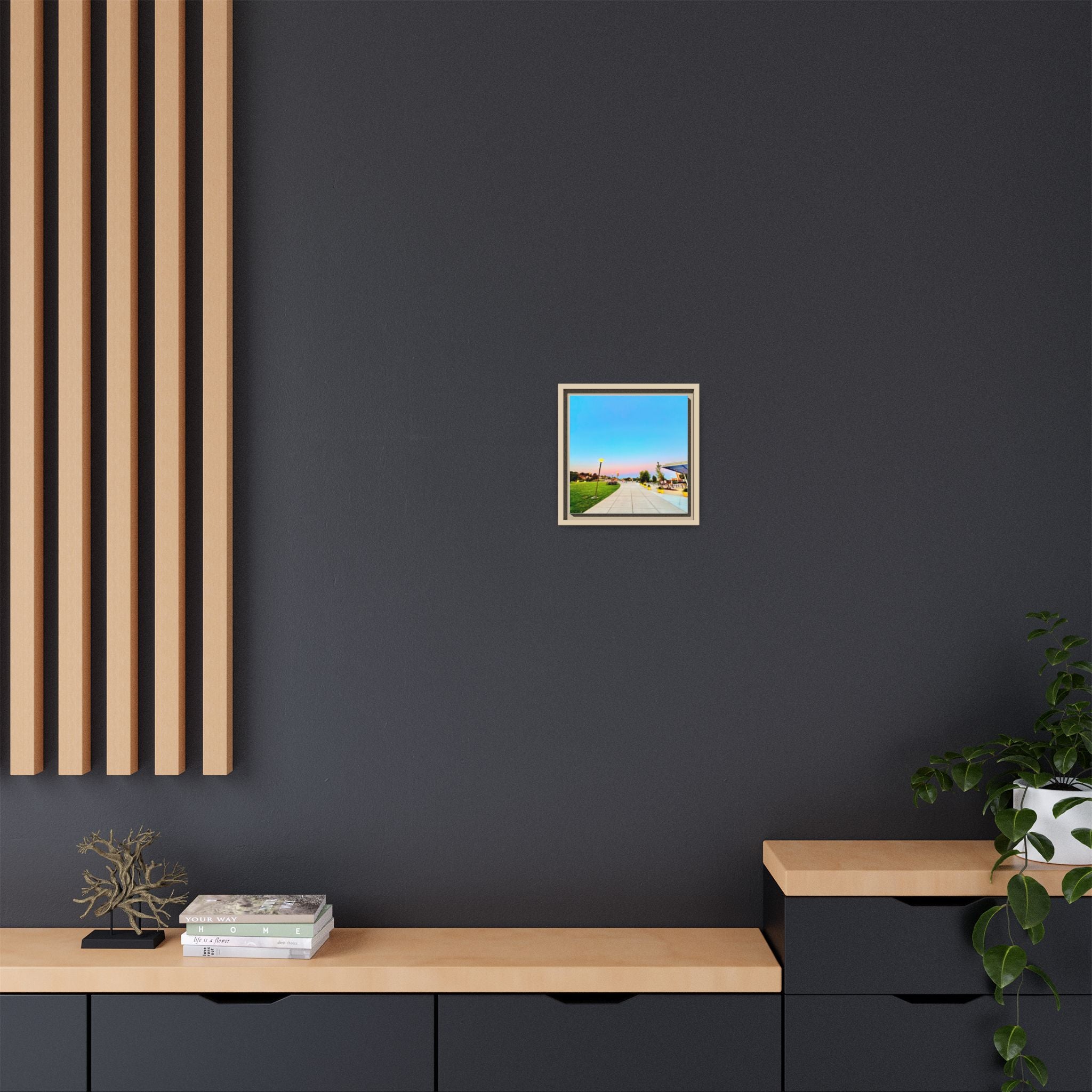 Sunset Promenade Matte Framed Canvas — Pastel Sky Walkway Wall Art