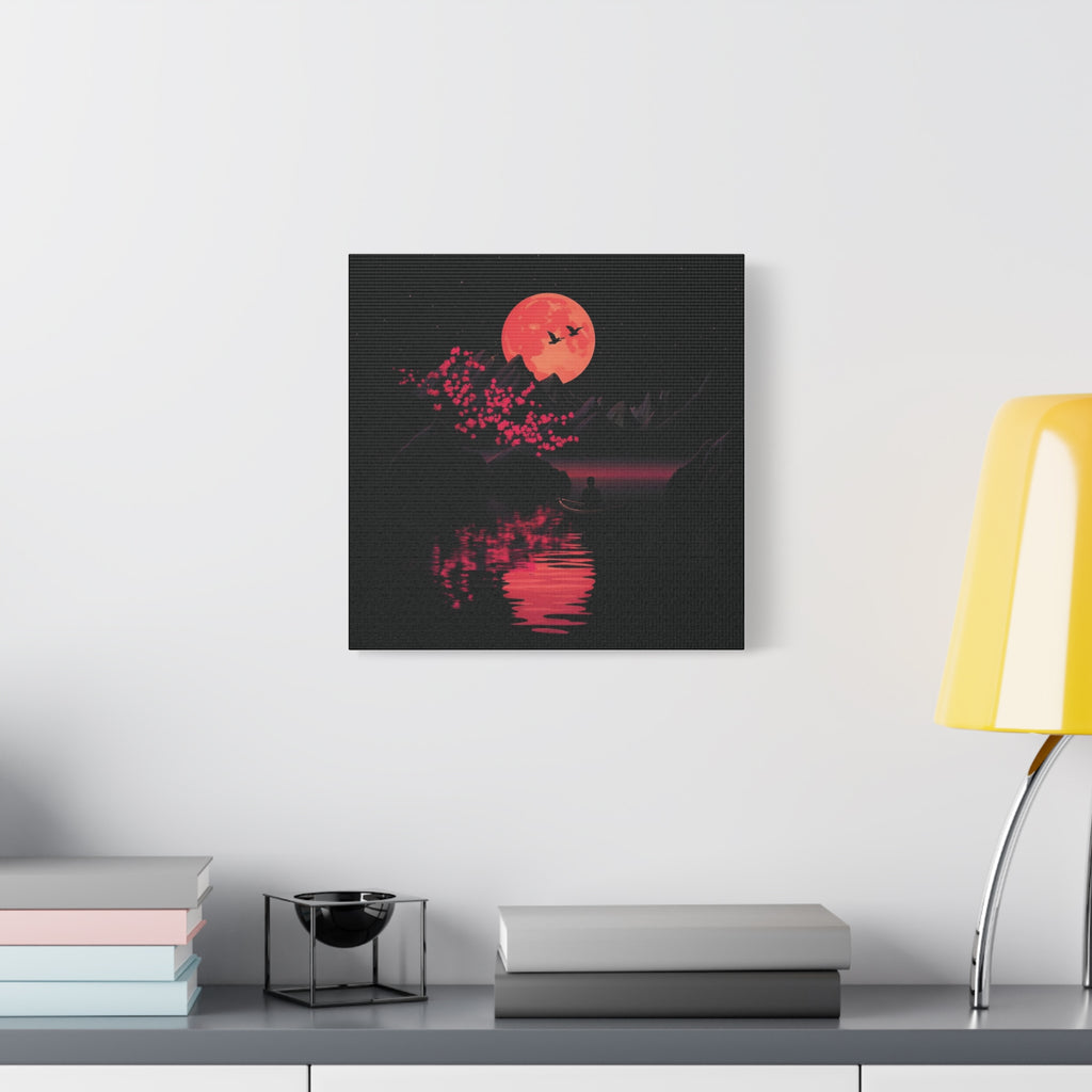 Moonlit Sakura Canvas Wall Art — Red Moon Reflection Matte Stretched Print