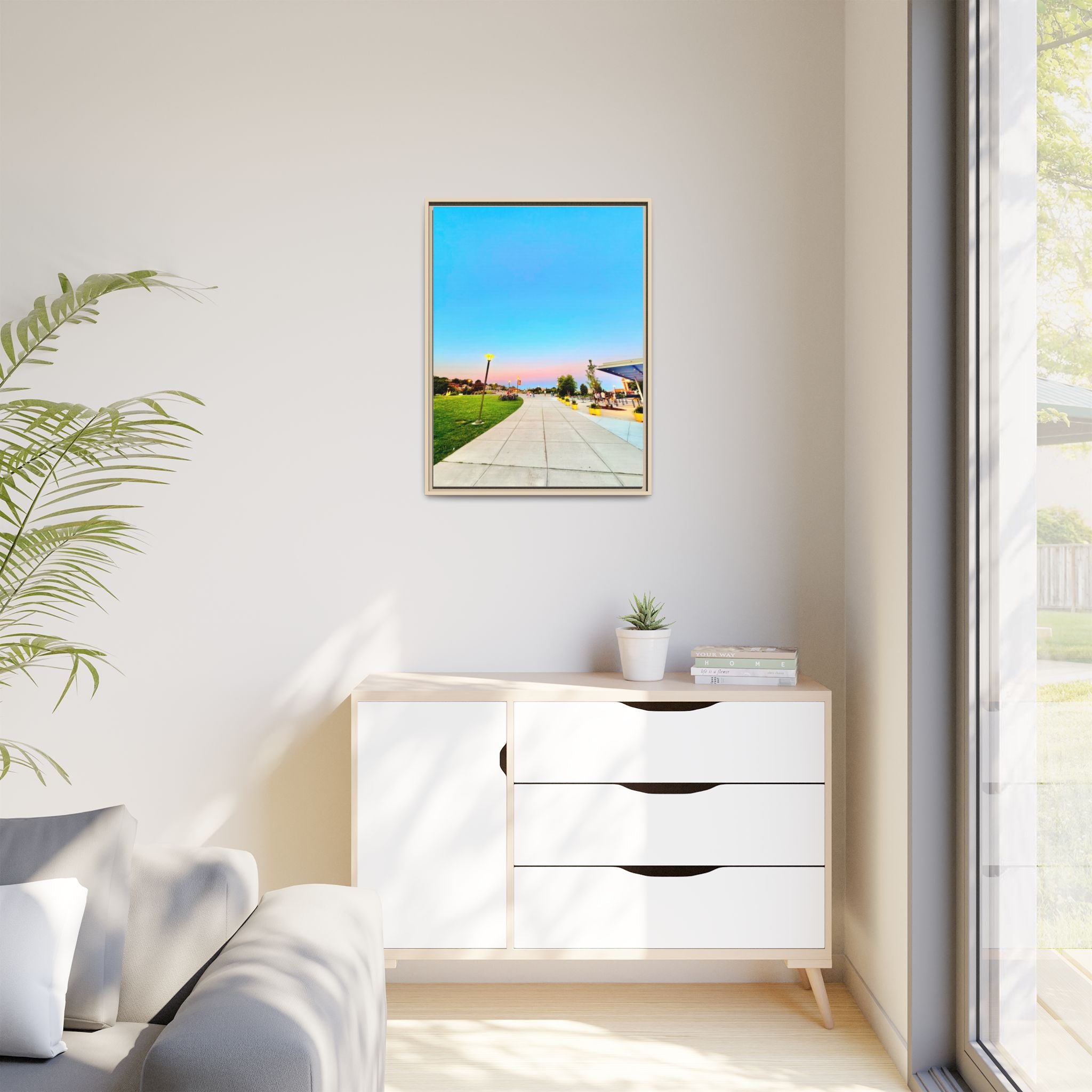 Sunset Promenade Matte Framed Canvas — Pastel Sky Walkway Wall Art