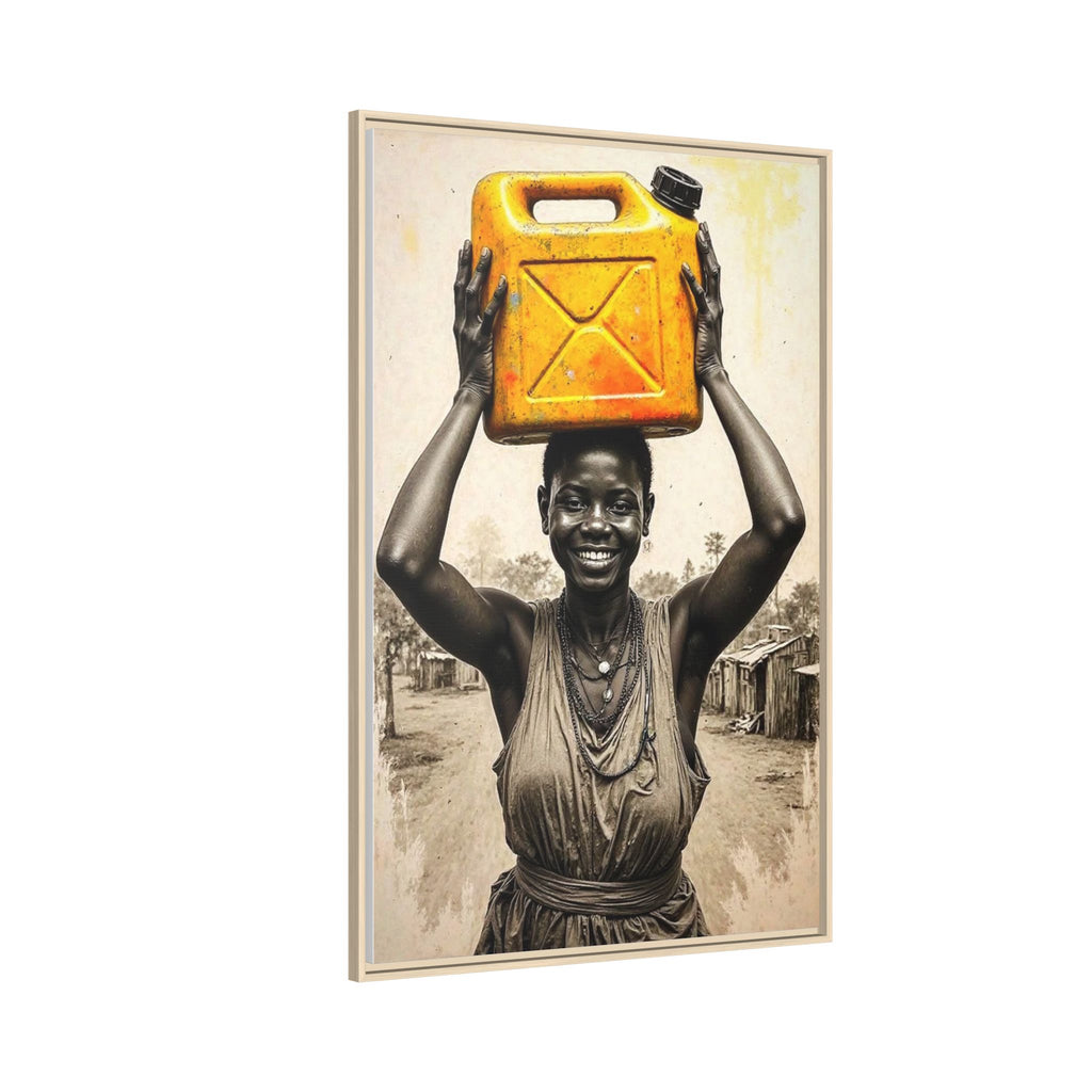 Framed Canvas Art - Joyful Woman Carrying Yellow Water Jerrycan