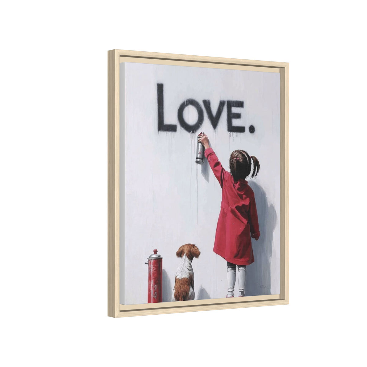 'LOVE.' Girl Spray-Painting with Dog- Framed Canvas Art