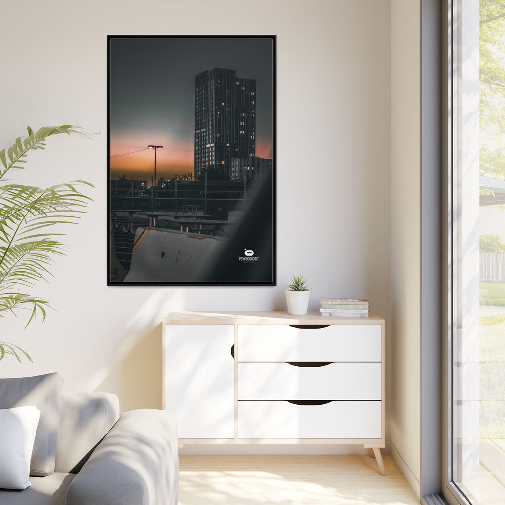 Framed Matte Canvas Print — Urban Sunset High-Rise Photography