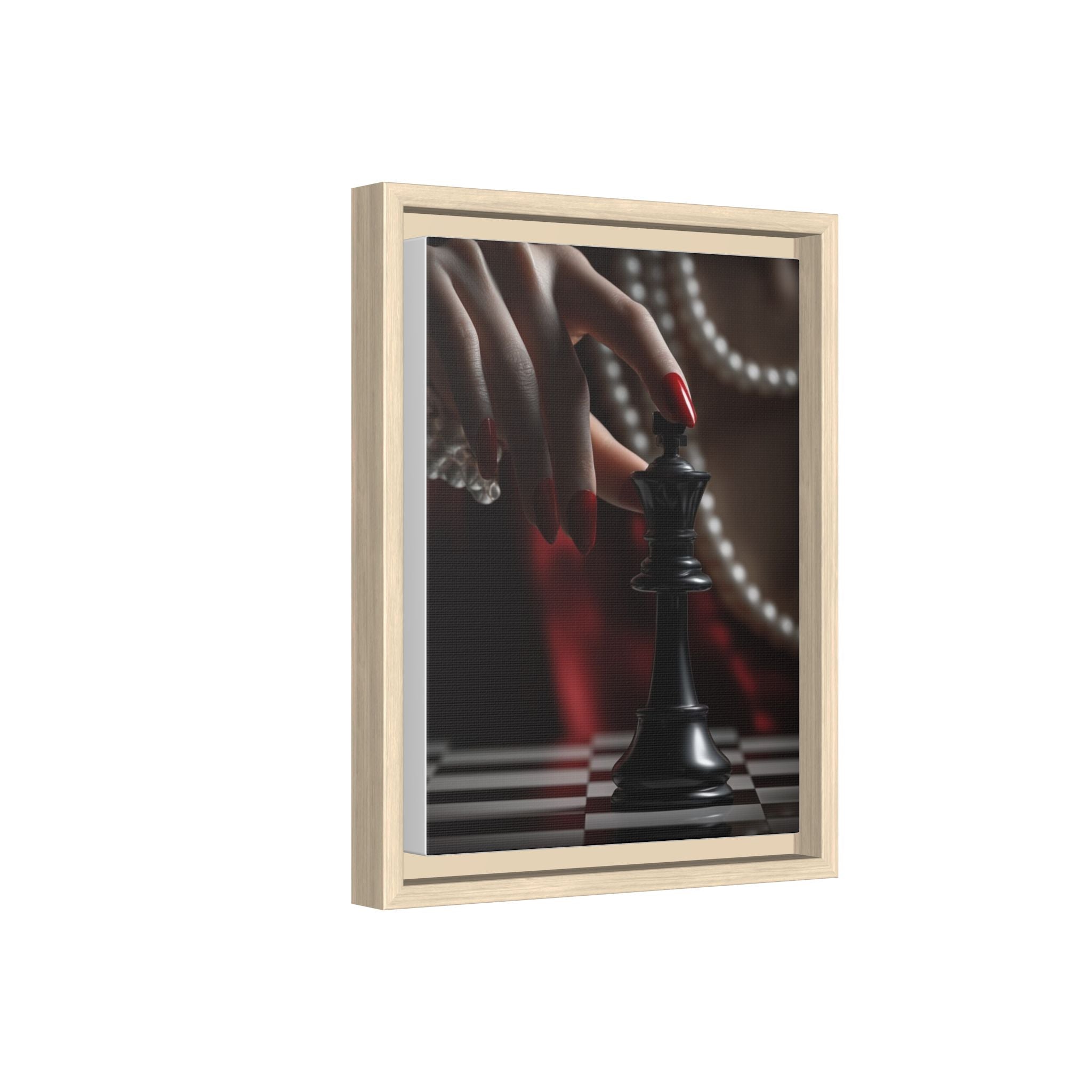 Framed Matte Canvas Art — Femme Hand & Chess King (Pearls, Noir Glam)