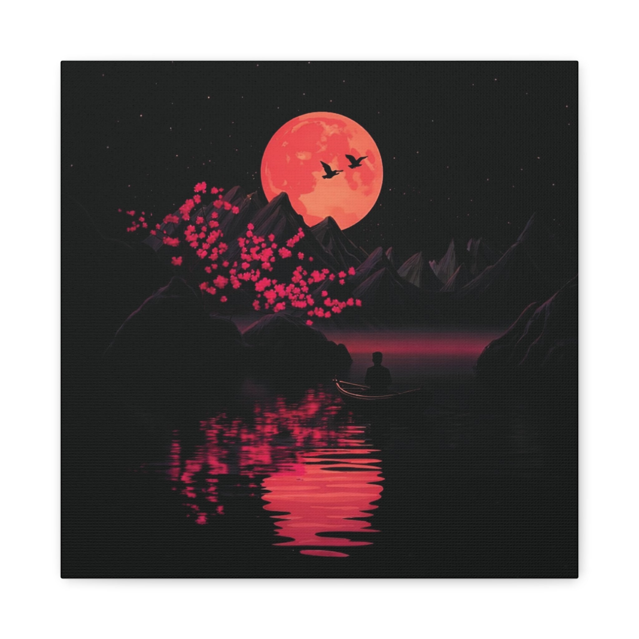 Moonlit Sakura Canvas Wall Art — Red Moon Reflection Matte Stretched Print