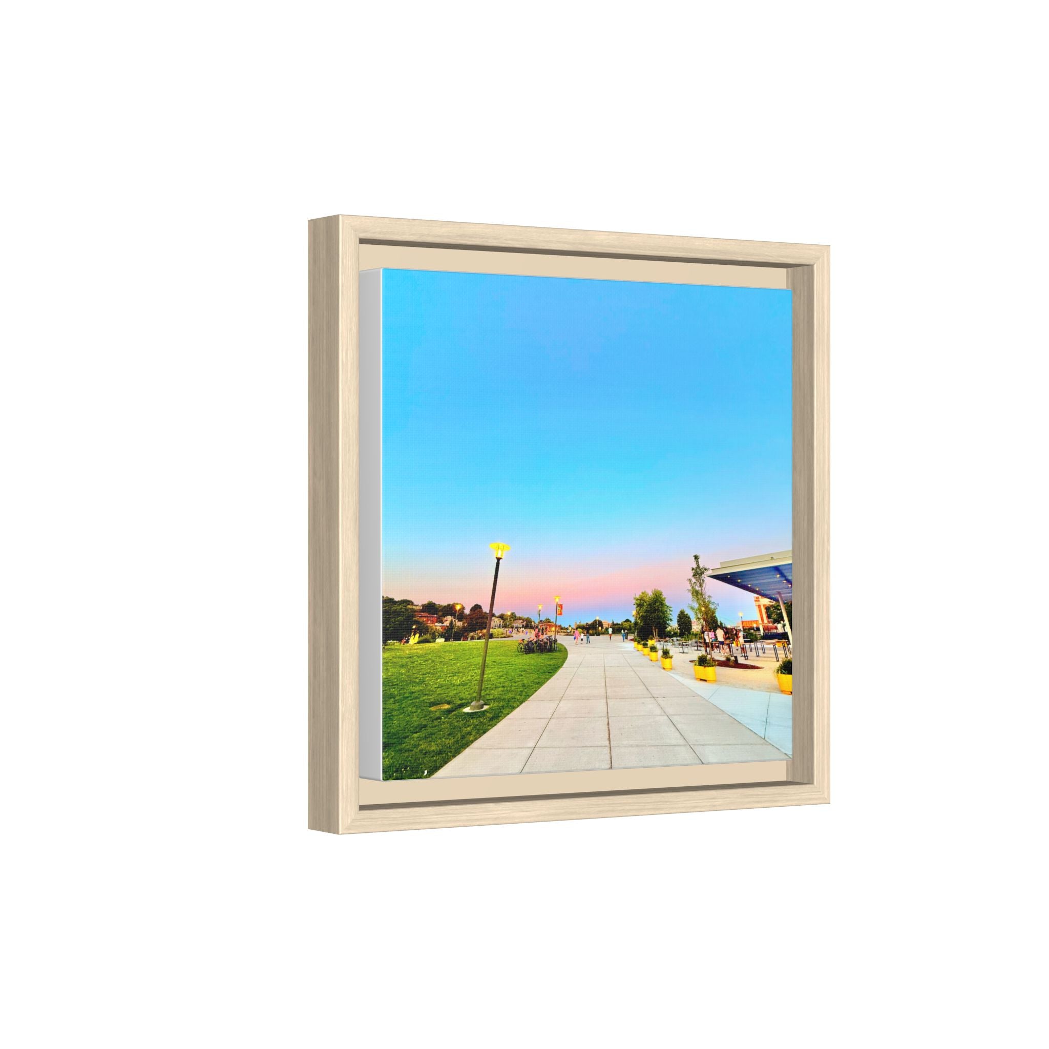 Sunset Promenade Matte Framed Canvas — Pastel Sky Walkway Wall Art