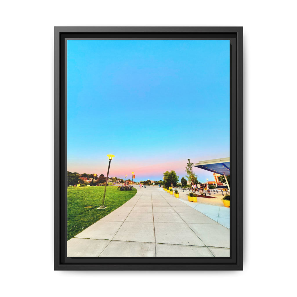 Sunset Promenade Matte Framed Canvas — Pastel Sky Walkway Wall Art
