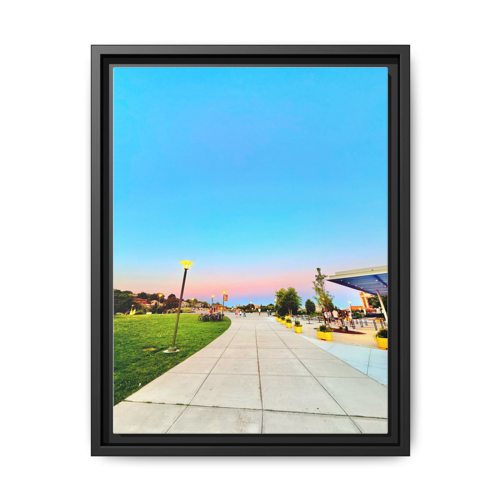 Sunset Promenade Matte Framed Canvas — Pastel Sky Walkway Wall Art
