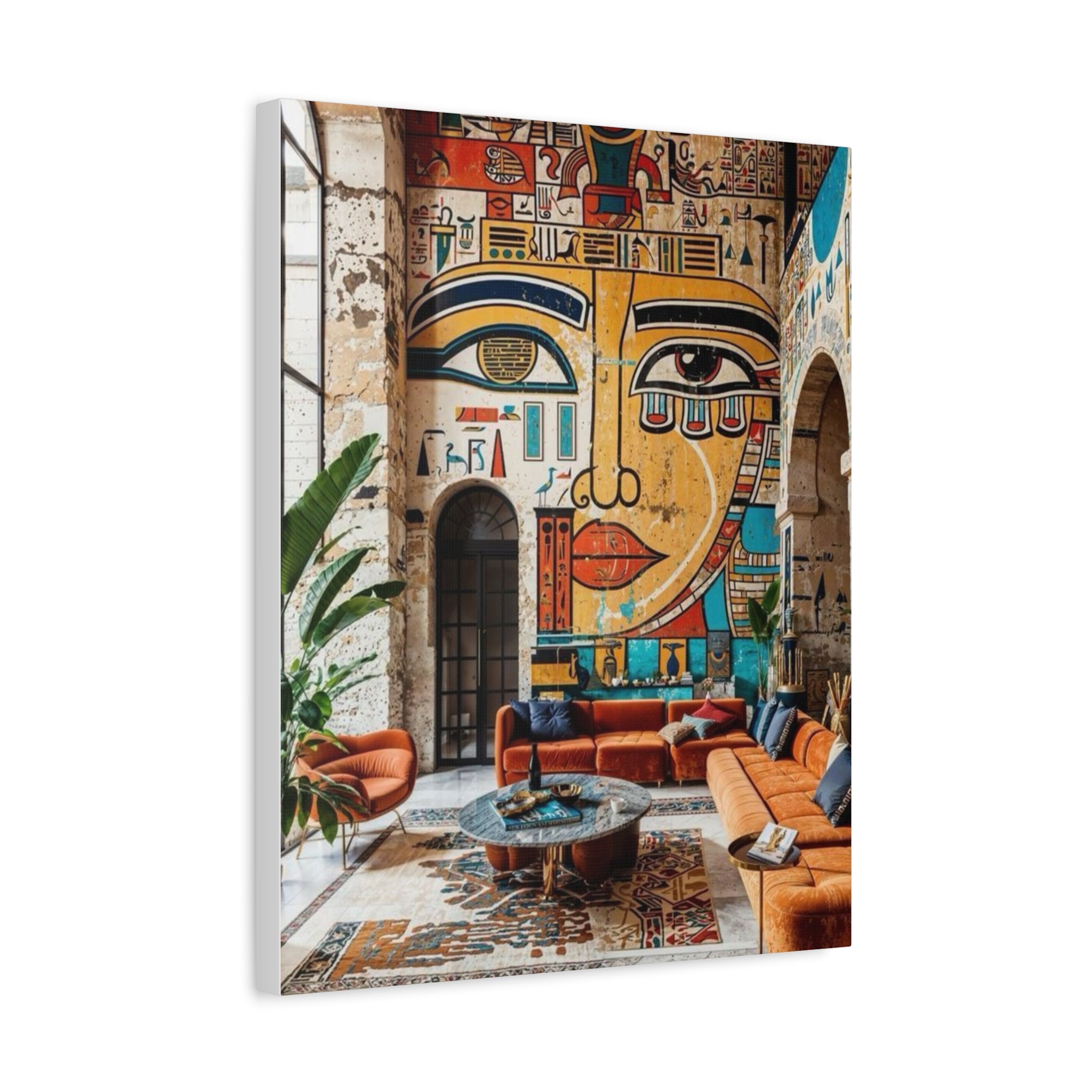Egyptian Mural Face Matte Canvas Wall Art – Bohemian Living Room Decor