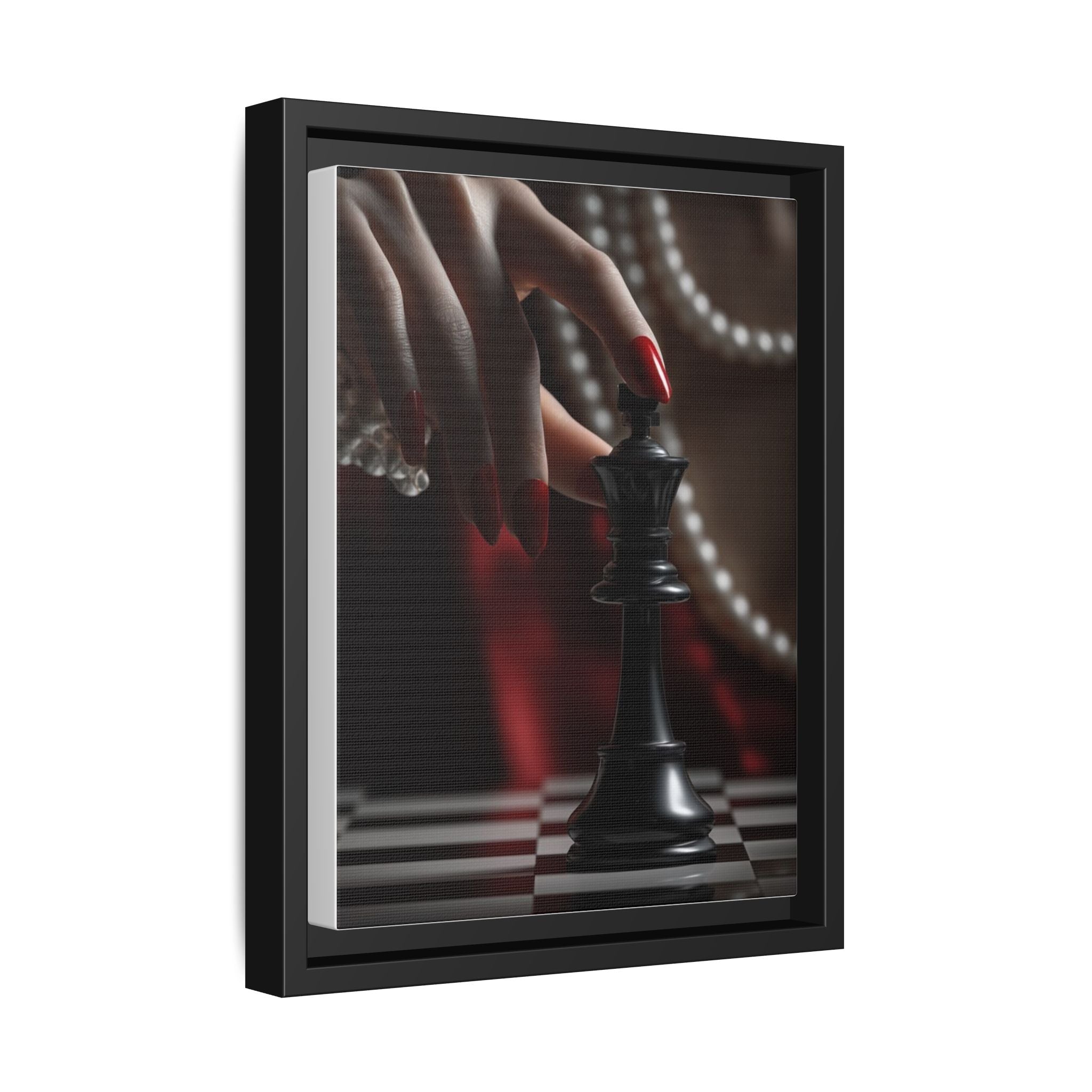 Framed Matte Canvas Art — Femme Hand & Chess King (Pearls, Noir Glam)