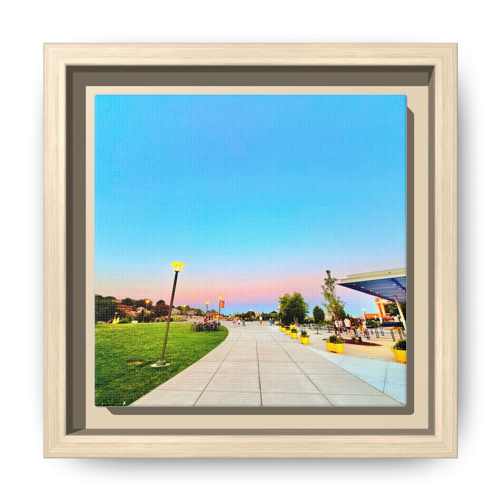 Sunset Promenade Matte Framed Canvas — Pastel Sky Walkway Wall Art