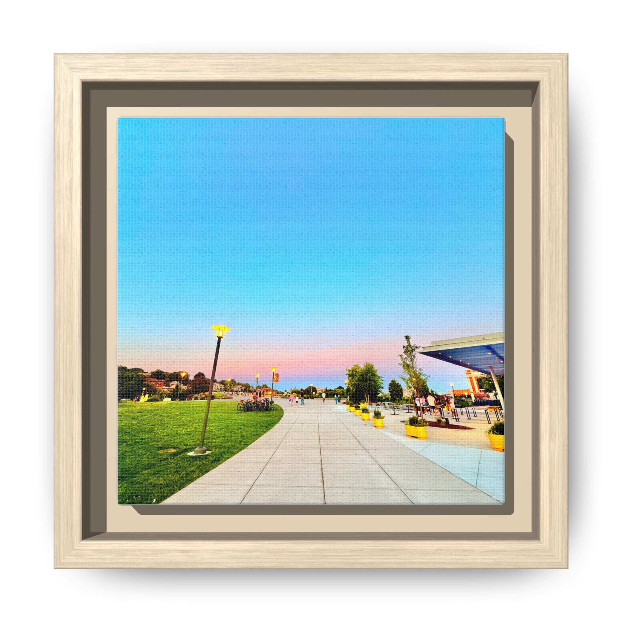 Sunset Promenade Matte Framed Canvas — Pastel Sky Walkway Wall Art