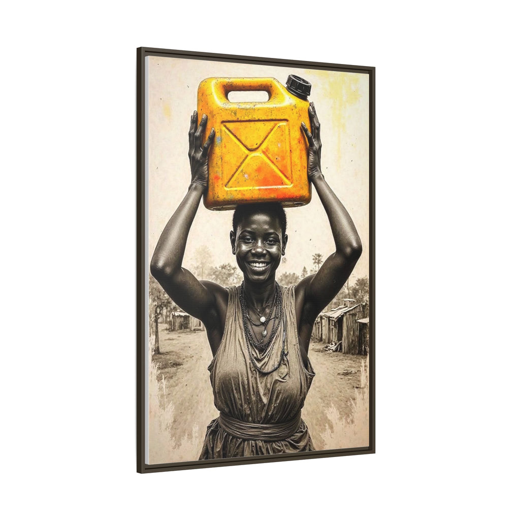 Framed Canvas Art - Joyful Woman Carrying Yellow Water Jerrycan