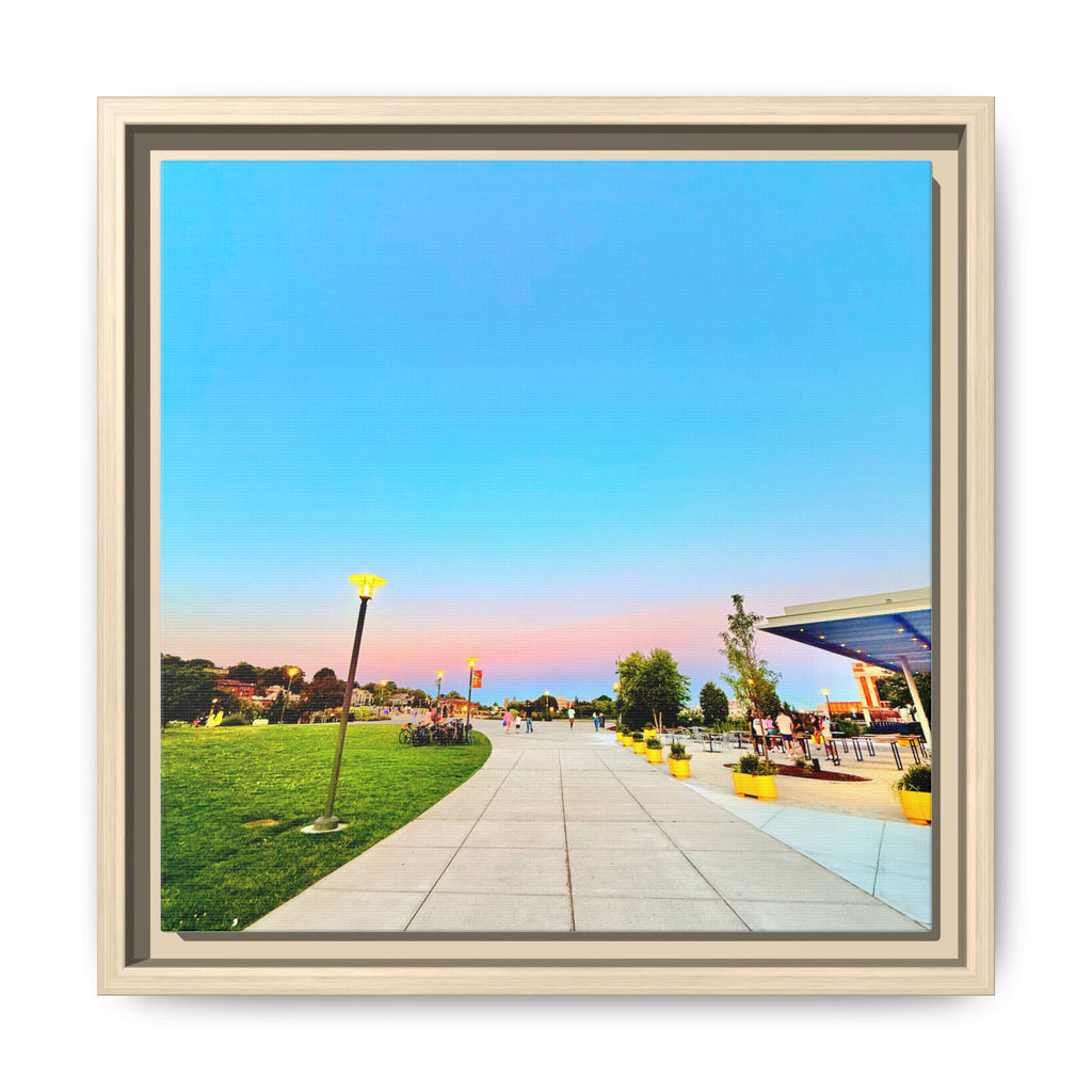 Sunset Promenade Matte Framed Canvas — Pastel Sky Walkway Wall Art