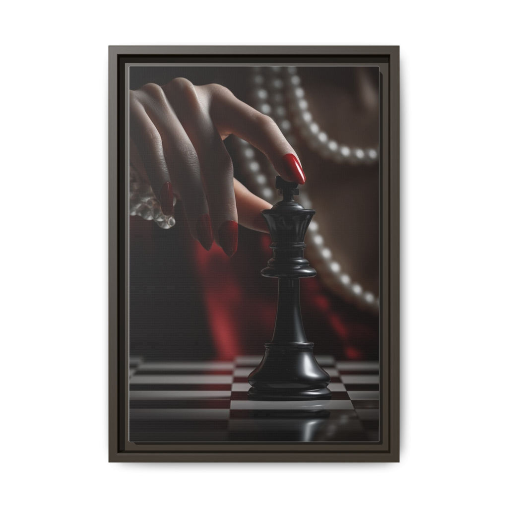 Framed Matte Canvas Art — Femme Hand & Chess King (Pearls, Noir Glam)