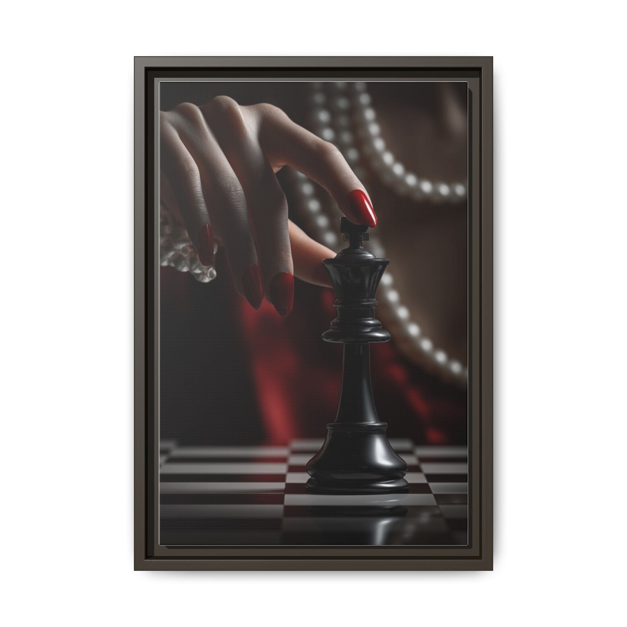 Framed Matte Canvas Art — Femme Hand & Chess King (Pearls, Noir Glam)