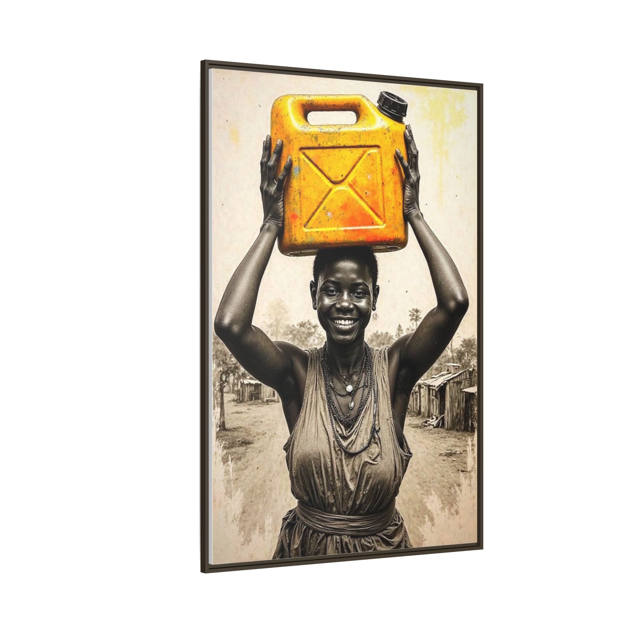 Framed Canvas Art - Joyful Woman Carrying Yellow Water Jerrycan