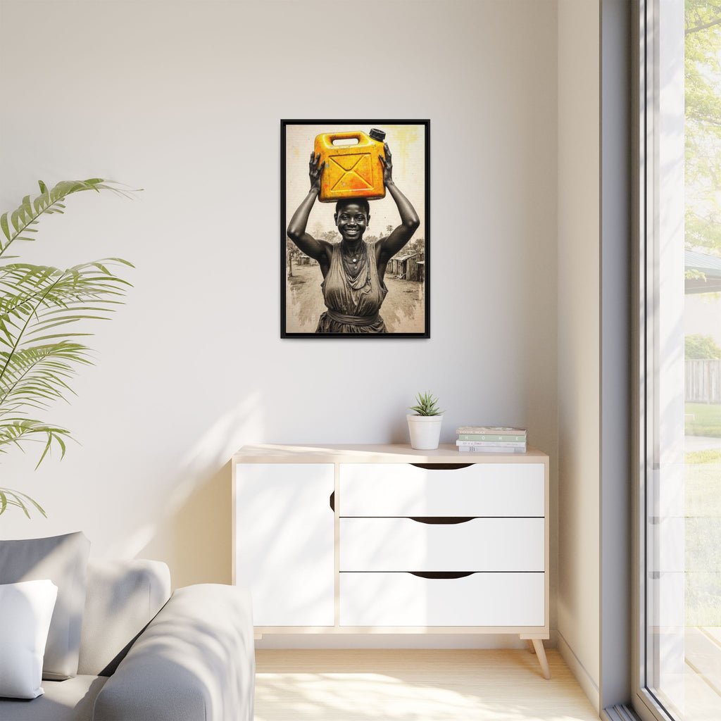 Framed Canvas Art - Joyful Woman Carrying Yellow Water Jerrycan