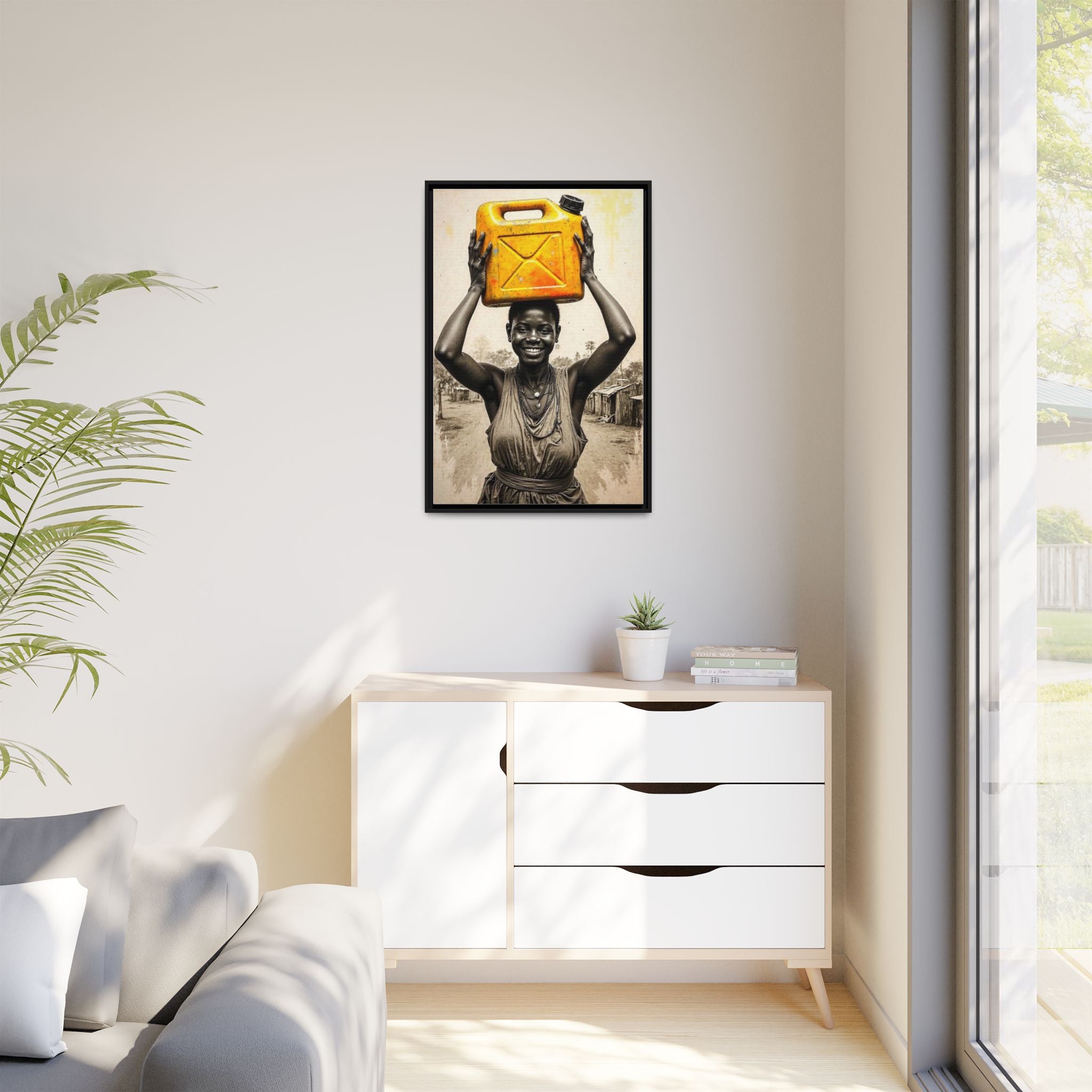 Framed Canvas Art - Joyful Woman Carrying Yellow Water Jerrycan