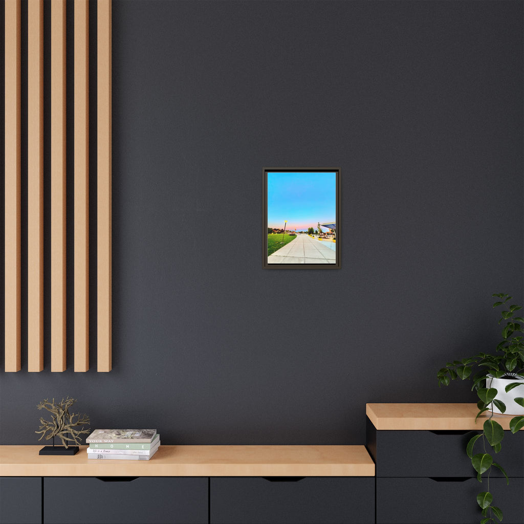 Sunset Promenade Matte Framed Canvas — Pastel Sky Walkway Wall Art