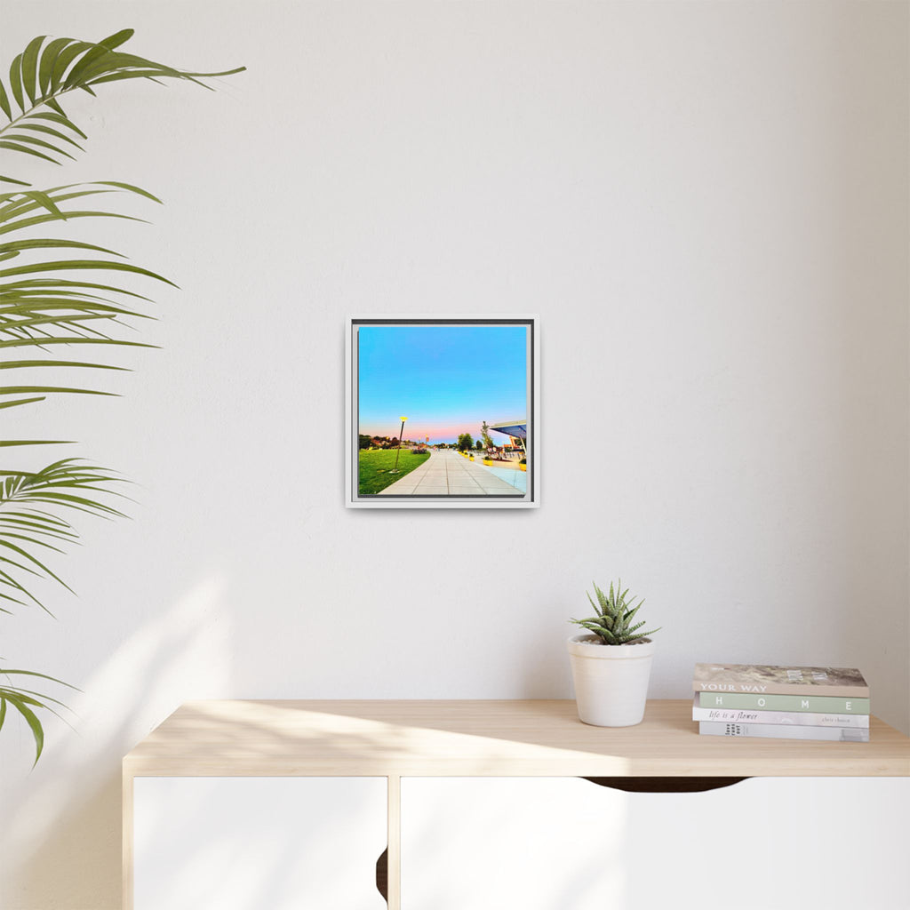 Sunset Promenade Matte Framed Canvas — Pastel Sky Walkway Wall Art