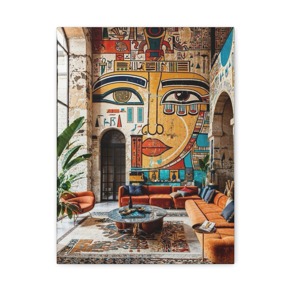 Egyptian Mural Face Matte Canvas Wall Art – Bohemian Living Room Decor