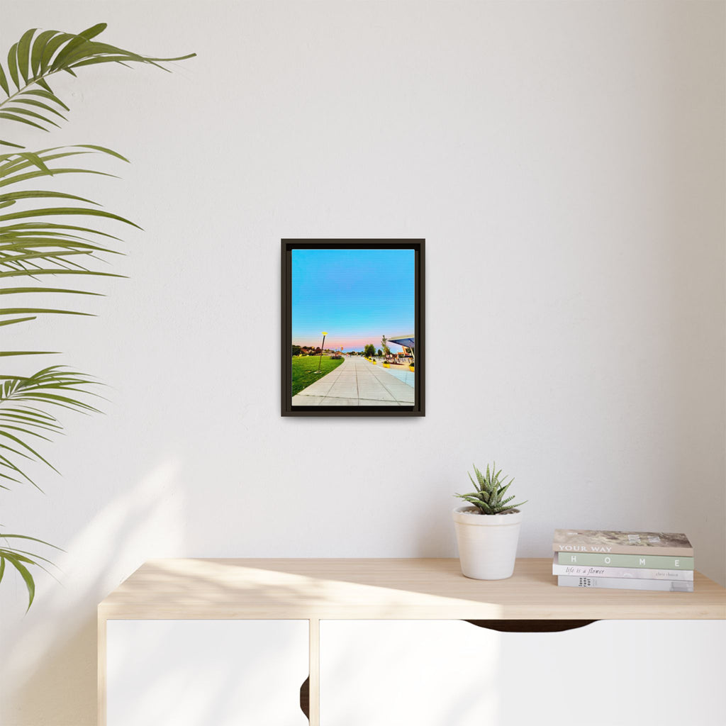 Sunset Promenade Matte Framed Canvas — Pastel Sky Walkway Wall Art