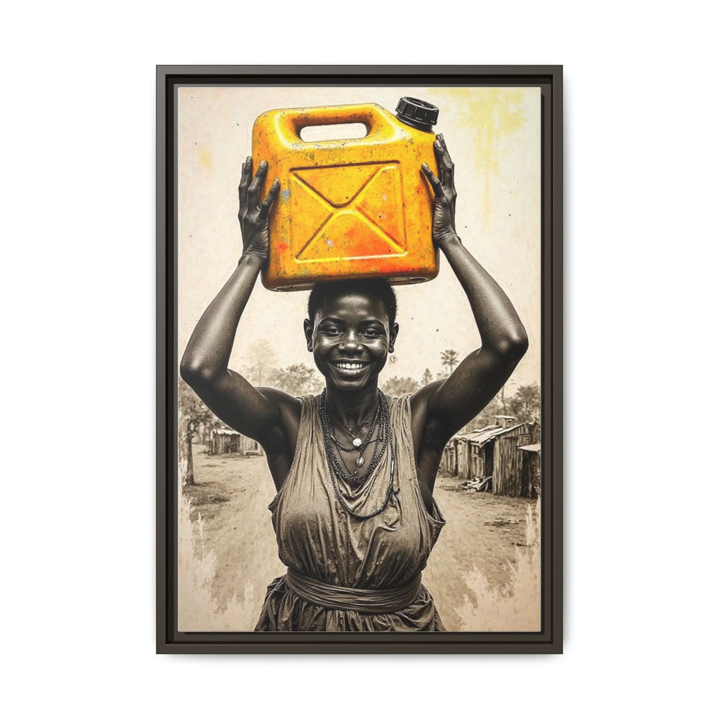 Framed Canvas Art - Joyful Woman Carrying Yellow Water Jerrycan