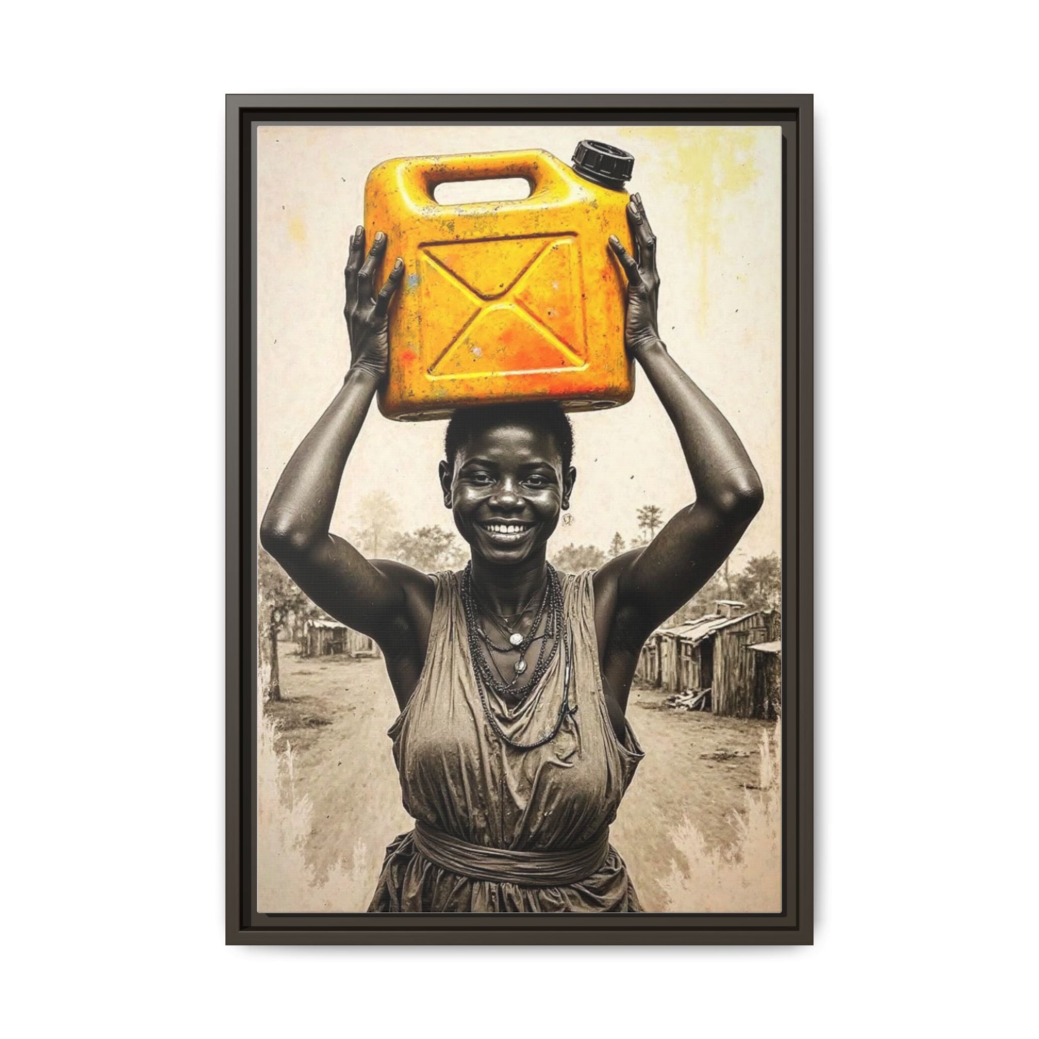 Framed Canvas Art - Joyful Woman Carrying Yellow Water Jerrycan