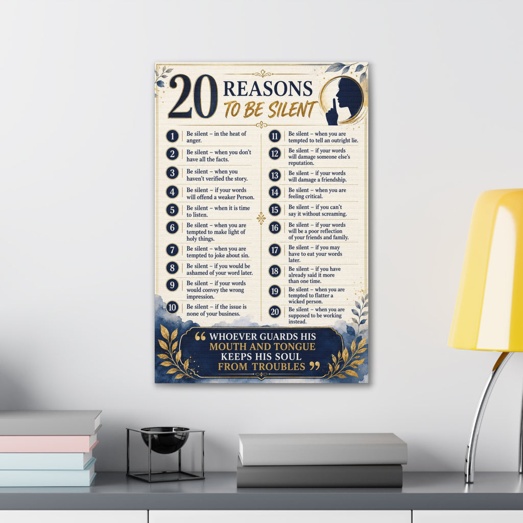 20 Reasons to Be Silent Canvas Wall Art — Inspirational Faith Quote Print