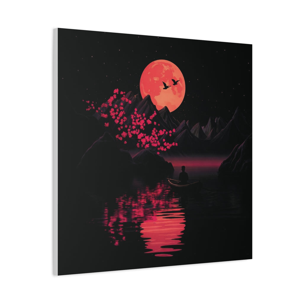 Moonlit Sakura Canvas Wall Art — Red Moon Reflection Matte Stretched Print