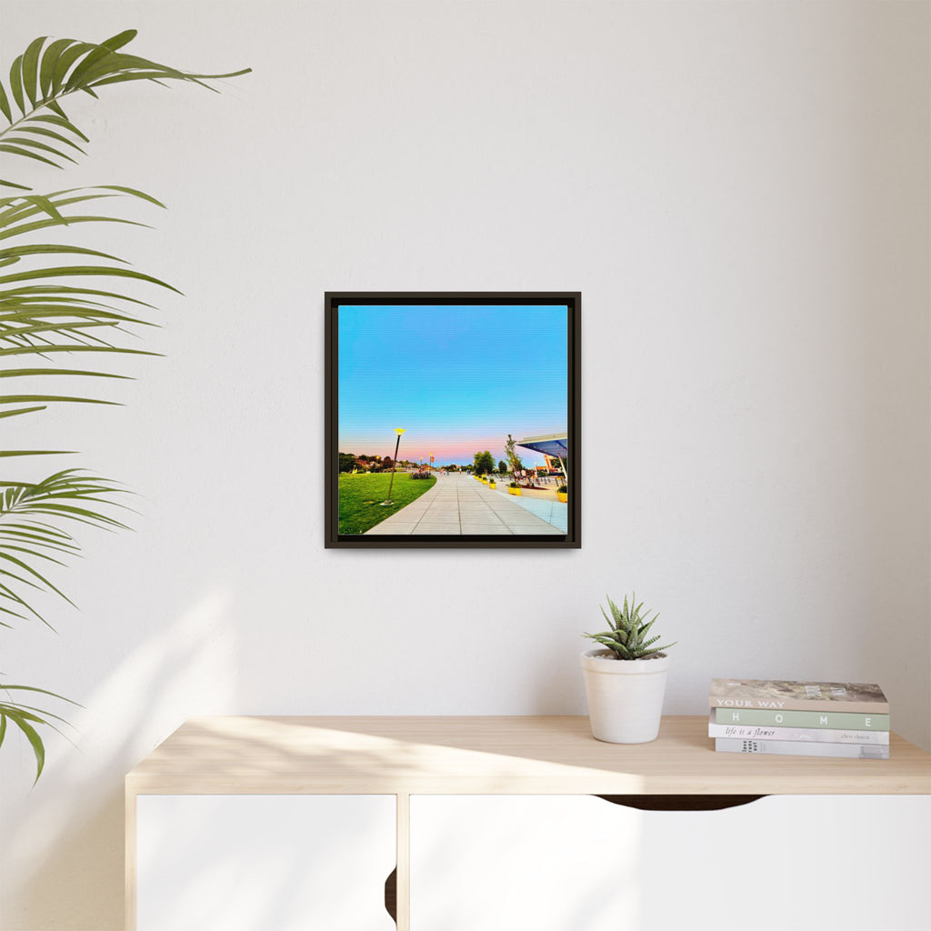 Sunset Promenade Matte Framed Canvas — Pastel Sky Walkway Wall Art